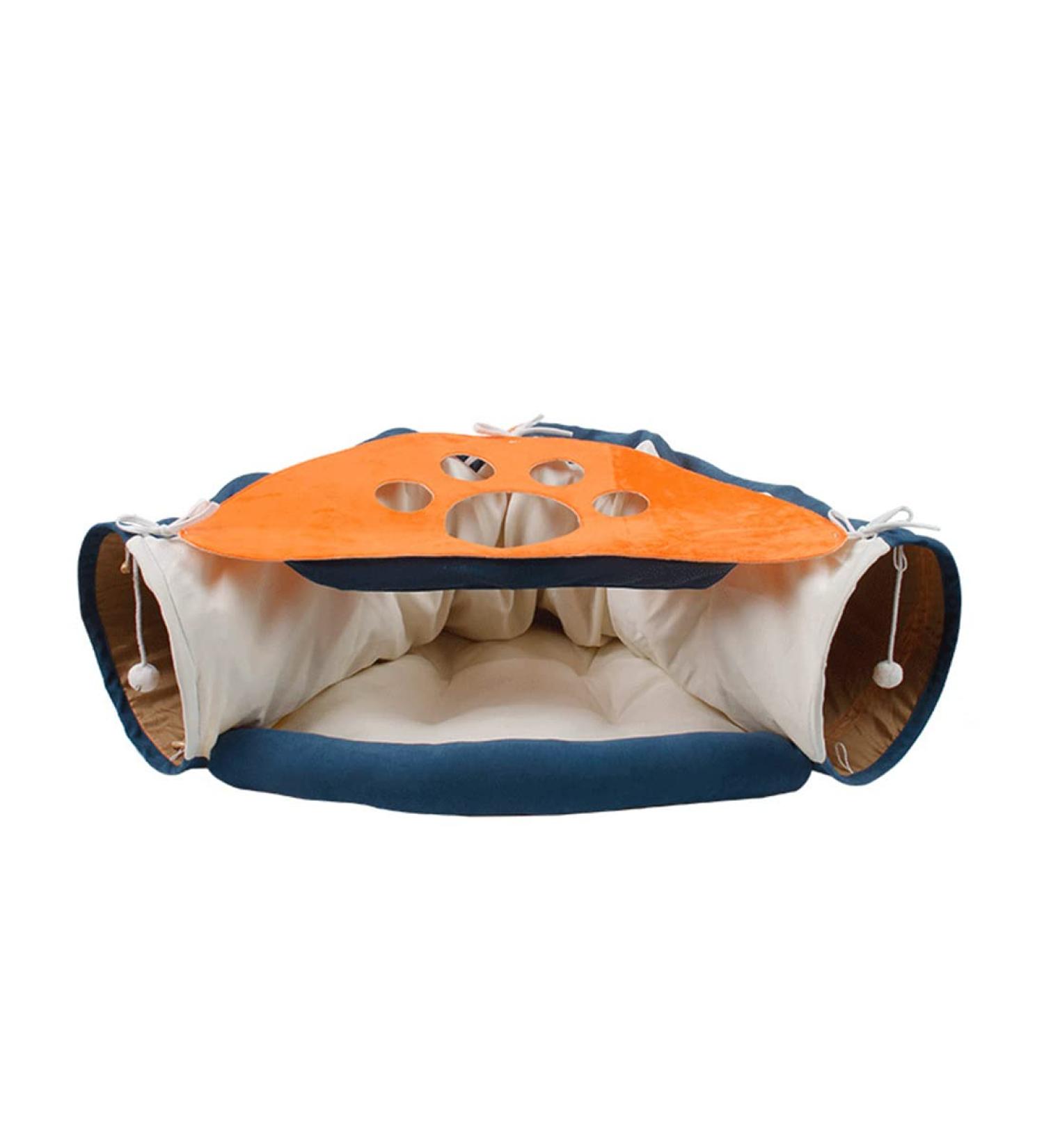 TANZEDMI Cat Tunnel Bed Set with Collapsible Tube and Removable Cushion Mat - Peak Hole Hideout House for Cats, Puppies, and Kittens - Includes 2 Scratching Balls - Orange/Blue - Buy Online on GoSupps.com