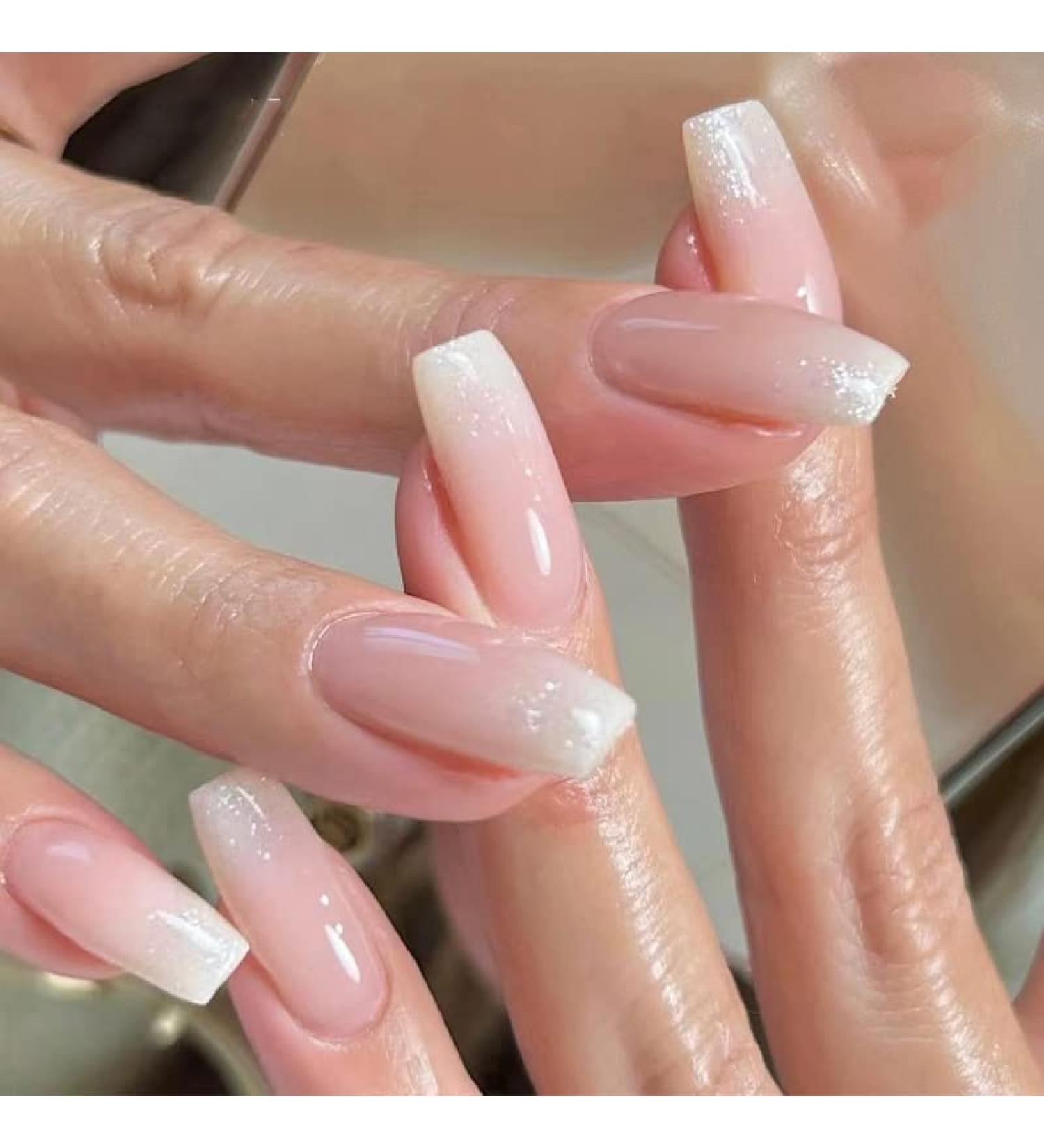 Quadratical Short Artificial Nails - 24pc Baby Boomer Color Gradient with Glue | White Gold Glitter Press-On Acrylic Nails for Women - BB15 - Buy Online on GoSupps.com