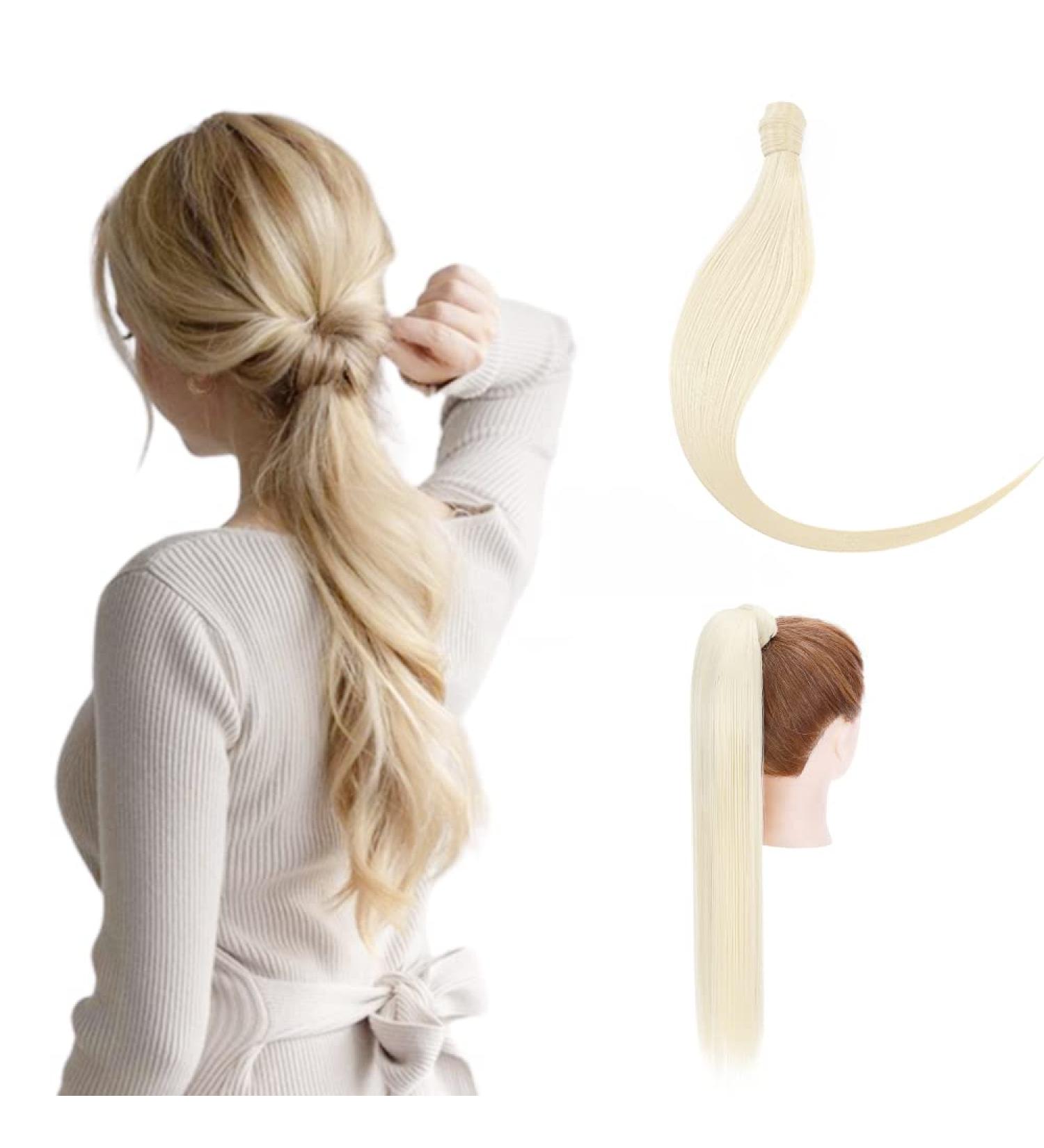 Ponytail Extension Wrap Around Long Straight Curly Clip in Ponytail Hair Extensions for Women Brown Black Blonde Hairpiece 23"-Straight Bleach Blonde - Buy Online on GoSupps.com