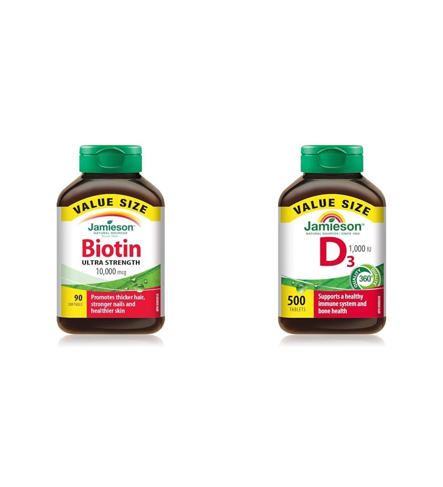 Jamieson Biotin 10 000 mcg Ultra Strength Softgels - Value Size Gluten-free 90 Count (Pack of 1) & Vitamin D 1 000IU 500 Tablets Biotin + VITAMIN DR02223-157 - Buy Online on GoSupps.com