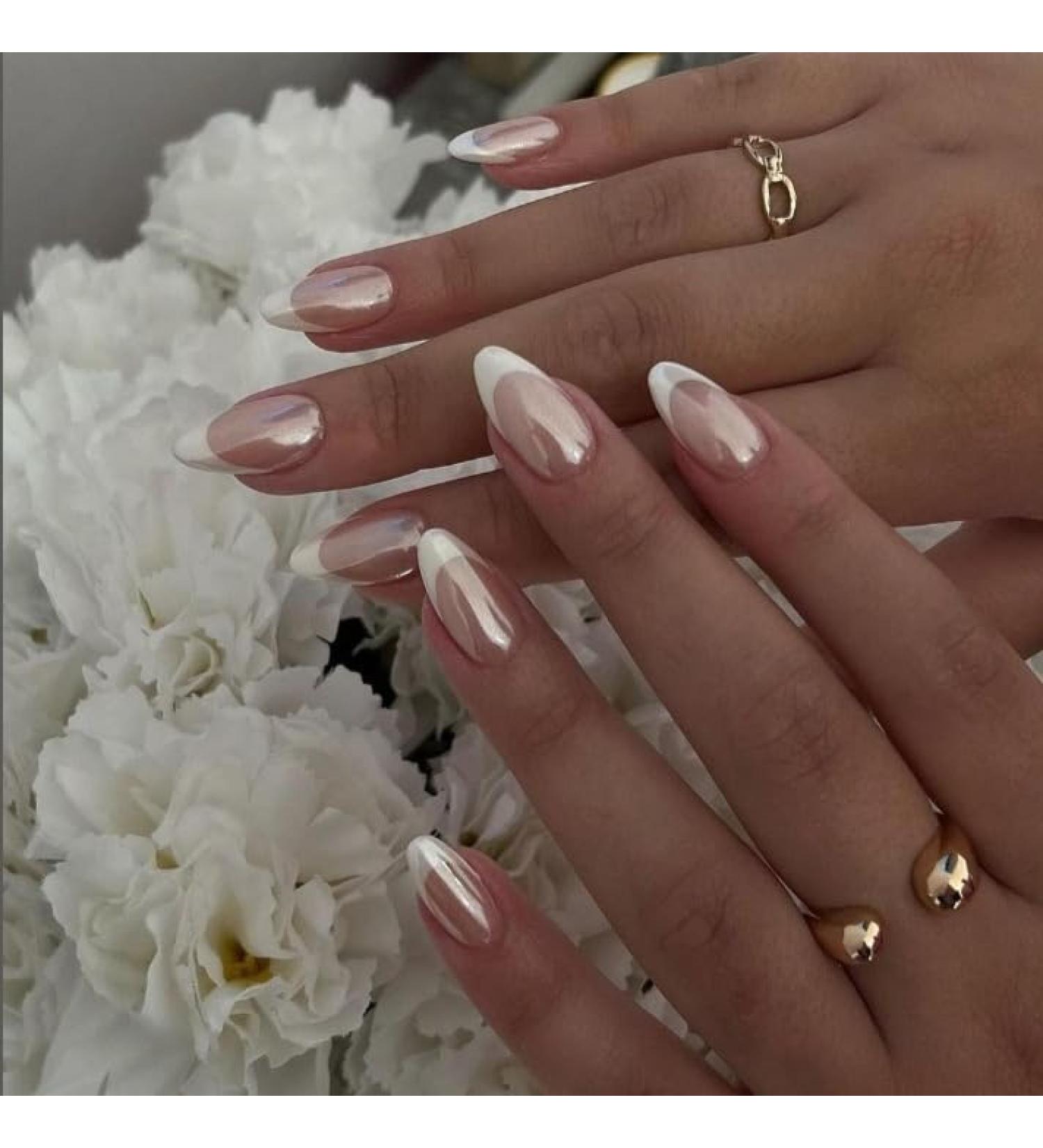 24PCS Aurora White Tip Press On Nails - Mirror Metal Stiletto & Almond Shape Fake Nails for Easy Application - Glue On & Stick On False Nails - Buy Online on GoSupps.com