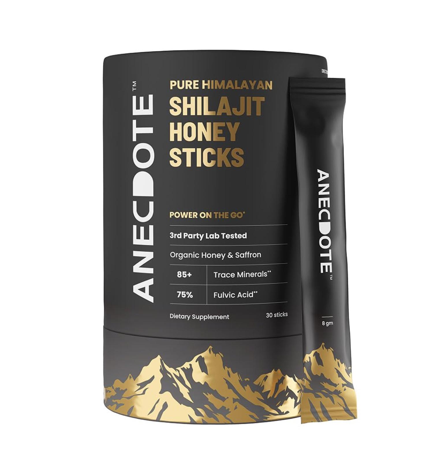 ANECDOTE Himalayan Shilajit Honey Sticks with Organic Honey & Saffron | Boosts Stamina | Supports Immunity | 75% Fulvic Acid 85+ Trace Minerals | No Added Sugar | 30 Sticks - Buy Online on GoSupps.com