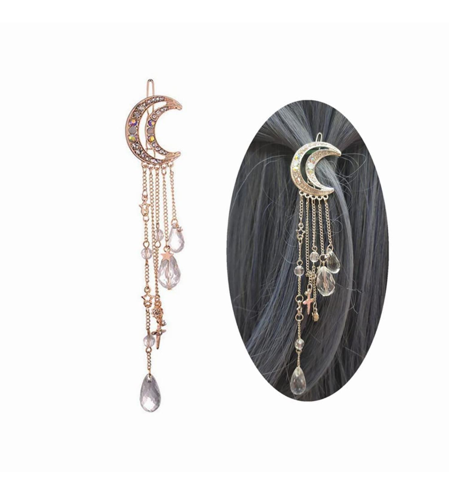 Rose Gold Rhinestone Crescent Moon Star Hair Clips - Bridal Jewelry for Women and Girls - Buy Online on GoSupps.com