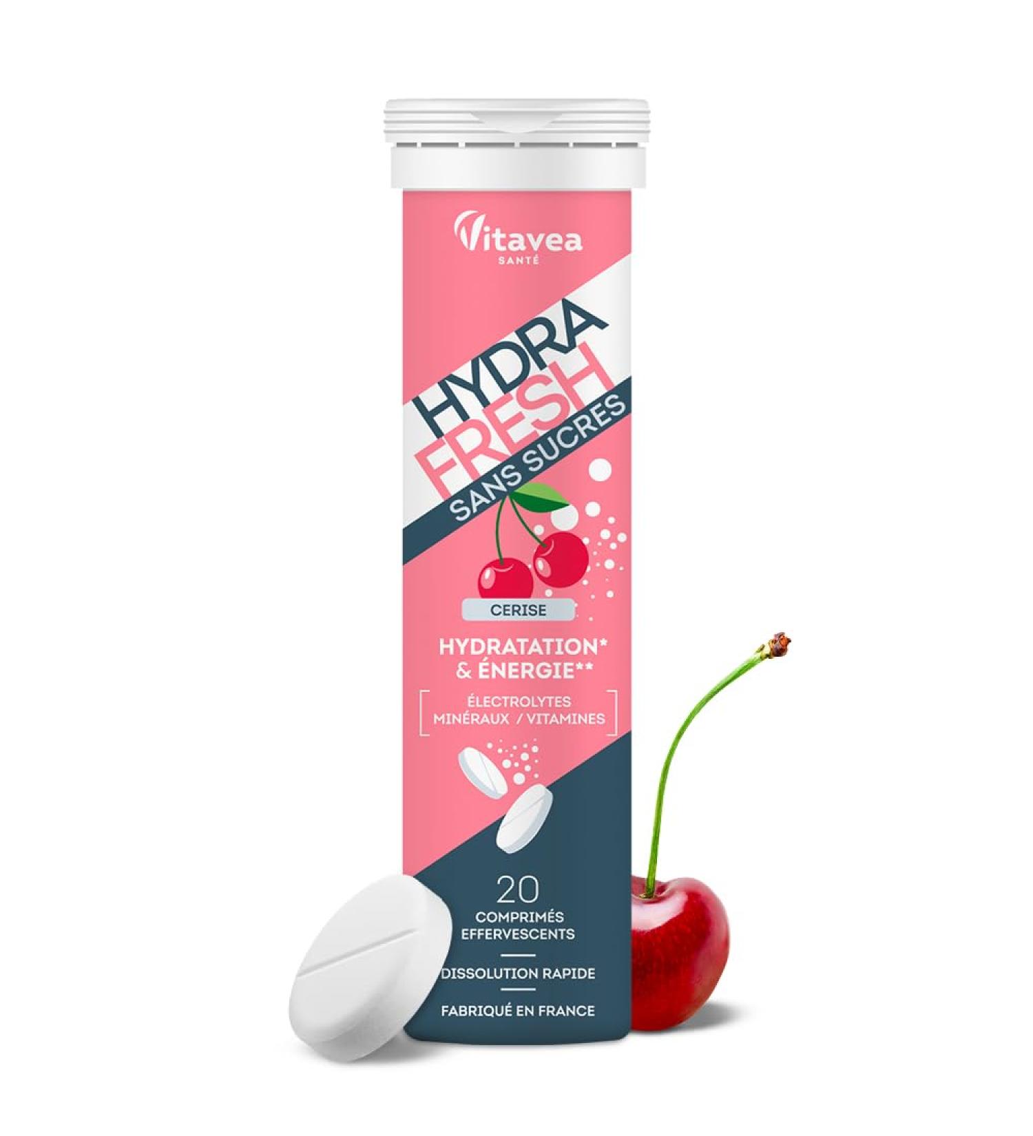 HydraFresh - Pastilles hydratation Effervescentes - Magn sium lectrolytes Calcium Vitamines C et B - Compl ment alimentaire nergie saveur Cerise - Sans Sucres - Fabriqu en France - Buy Online on GoSupps.com