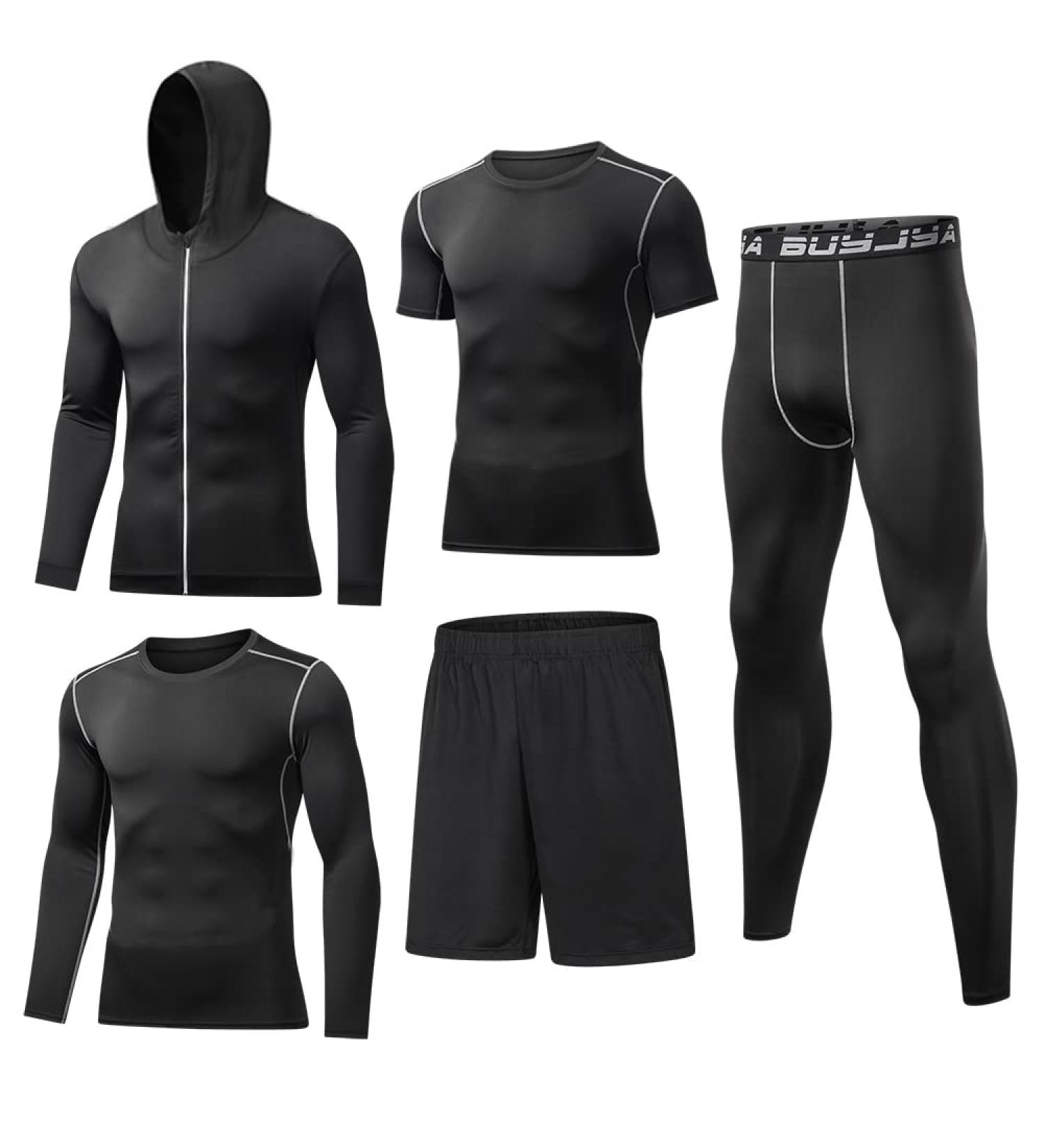 BUYJYA Men's Compression Athletic Set - 5 Pcs Workout Clothes for Gym, Valentine's Day Gift - Black Large - Buy Online on GoSupps.com