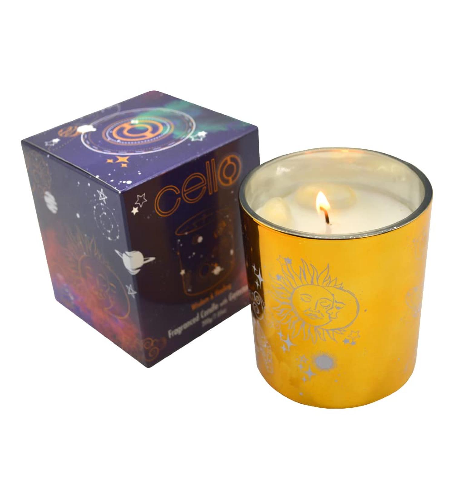 Cello Celestial Scented Candle with Clear Quartz Gemstones - Metallic Gold Candle with Clear Crystals | Ideal Gift for Men and Women - Buy Online on GoSupps.com