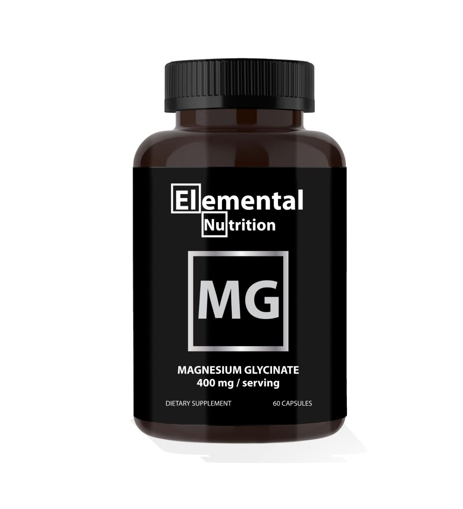 Elemental Nutrition Magnesium Glycinate 400mg Capsules - 60 Servings, High Absorption Magnesium Complex with Glycine, in Black Jar - Buy Online on GoSupps.com