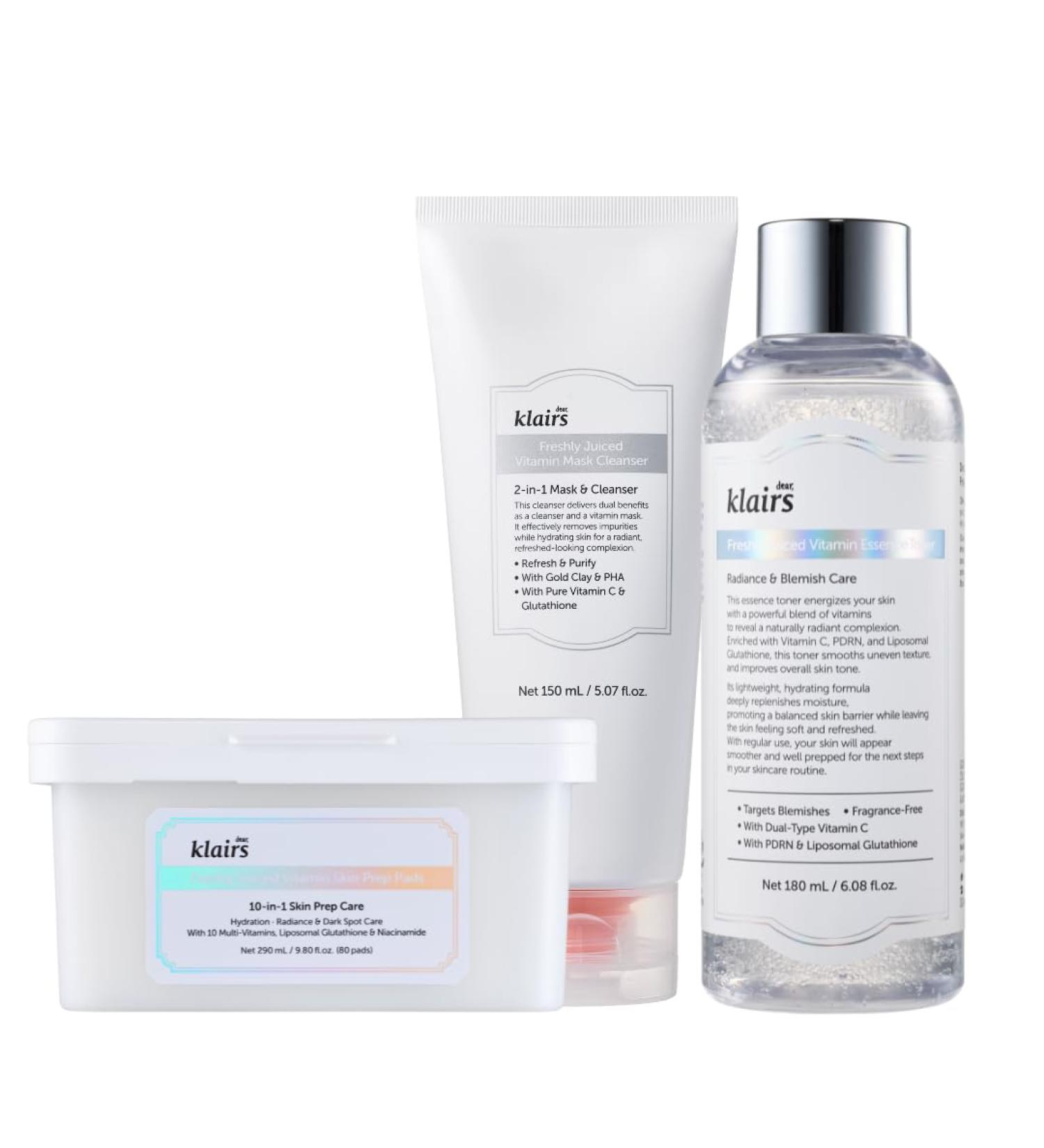 DearKlairs Freshly Juiced Vitamin Set with Vegan PDRN Toner Clay Mask Cleanser Toner Pads 80 ea - Buy Online on GoSupps.com