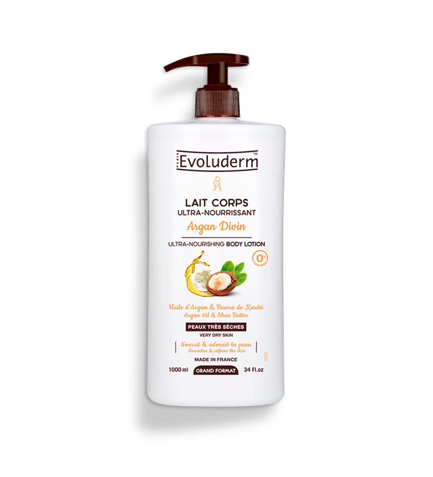 EVOLUDERM - Lait Corps Ultra-Nourrissant Argan Divin - 1000 ml - Ingr dients d'Origine Naturelle - V gan - Fabrication Fran aise - Buy Online on GoSupps.com
