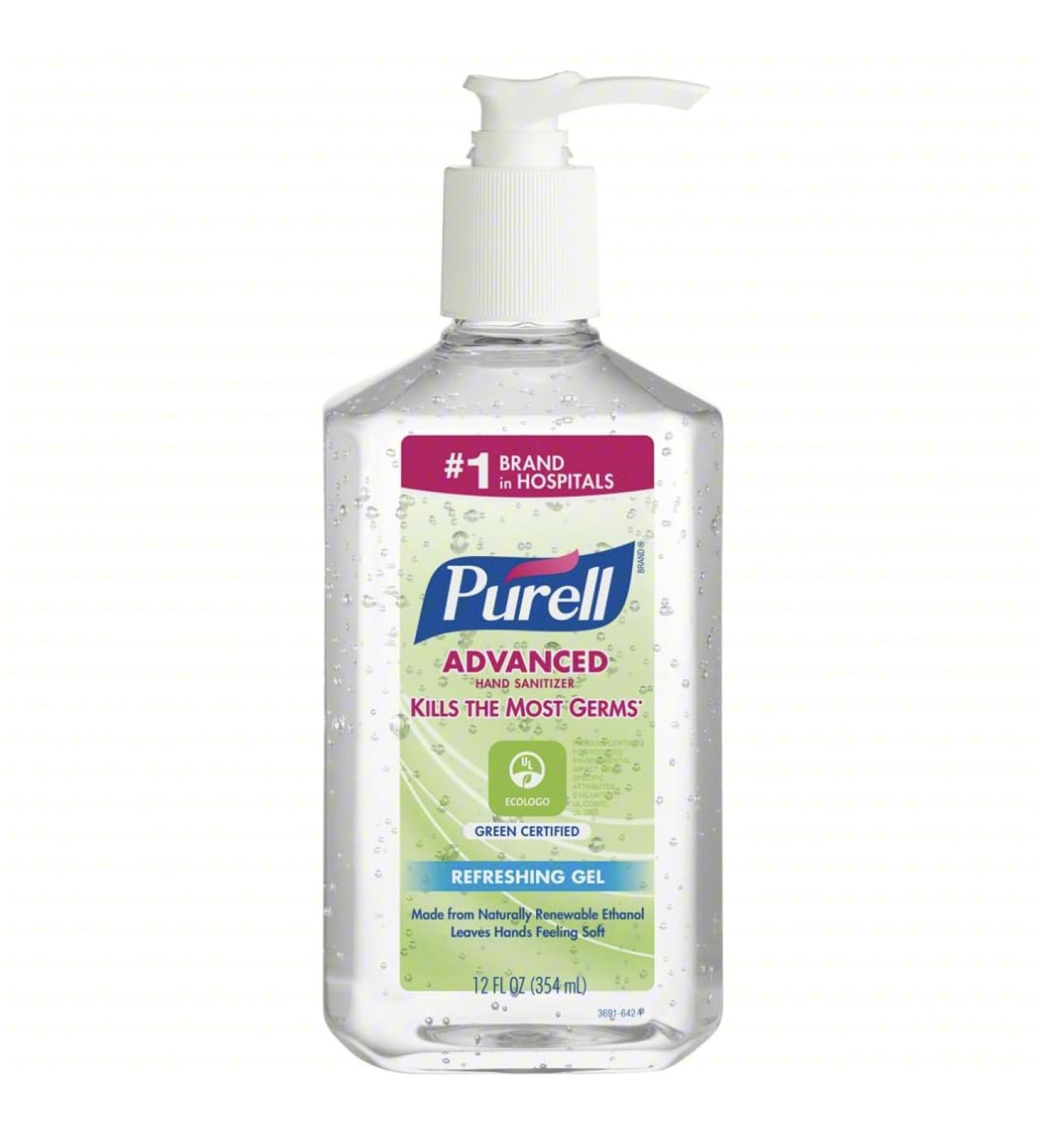 Gojo 3691-12 PURELL Advanced Green Certified Hand Sanitizer Gel with Pump Bottle 12 fl. oz. Pack of 12