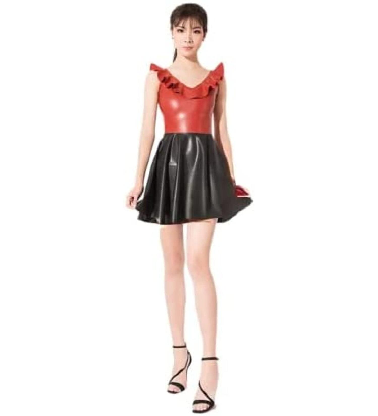 IDOBLO Women's Latex Dress - Red & Black Halter Neck Ruffle Skirt X-Large XL - Perfect for Night Out - Buy Online on GoSupps.com
