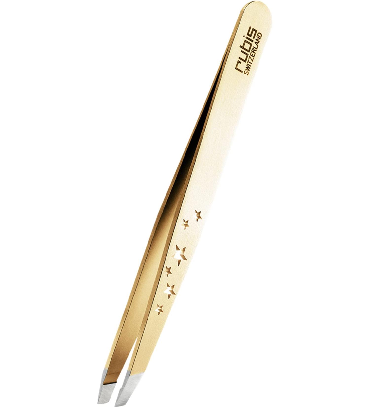 Rubis Tweezers Gold Slanted - Six Stars Collection | Premium Eyebrow Tweezers with Star Engraving - Perfect for Precision Grooming - Buy Online on GoSupps.com