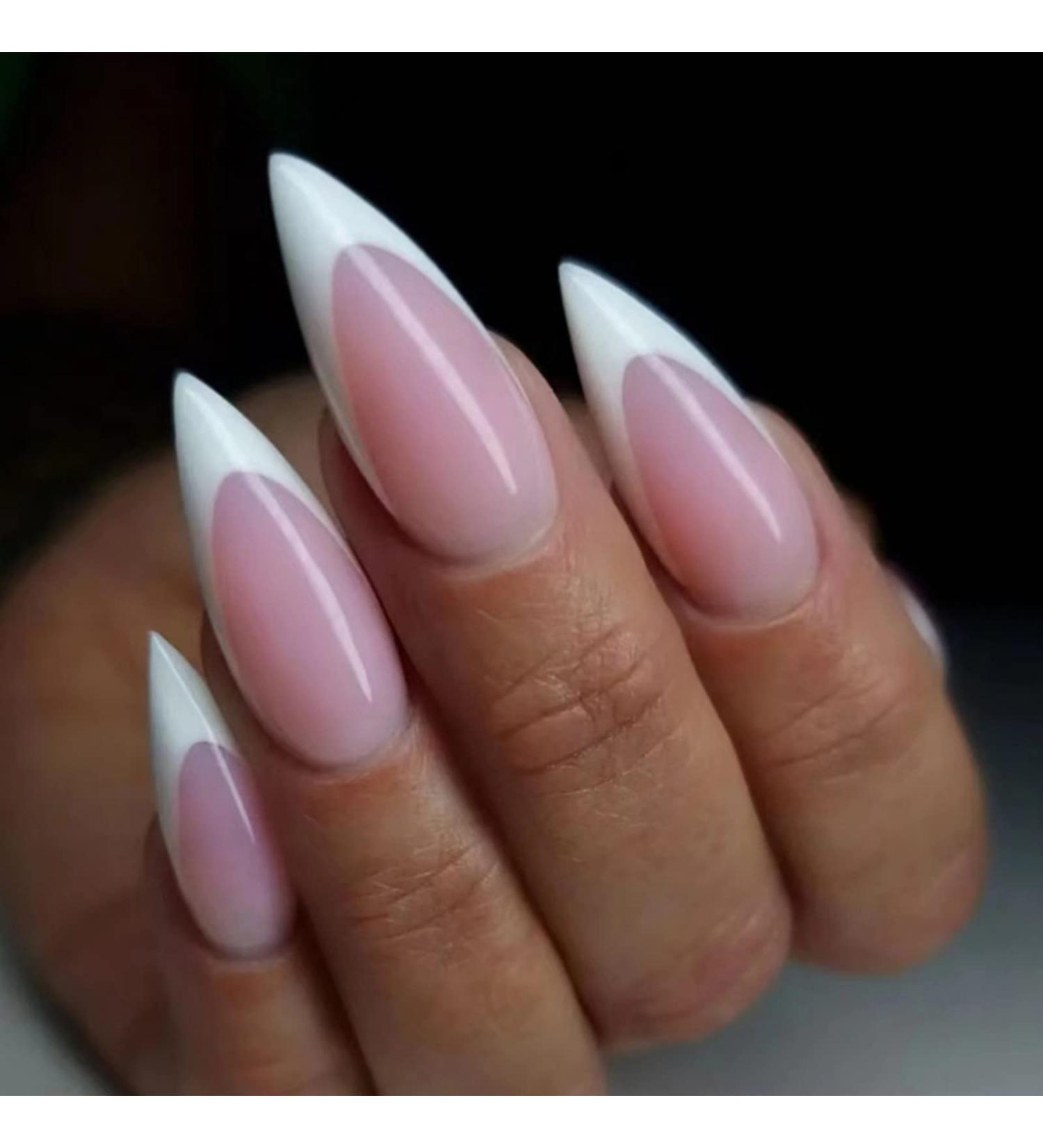 Justotry 24 Pcs Stiletto False Nails Short White French Press on Nails with Nail Glue - Trendy Almond Stick on Nails for Women - Buy Online on GoSupps.com