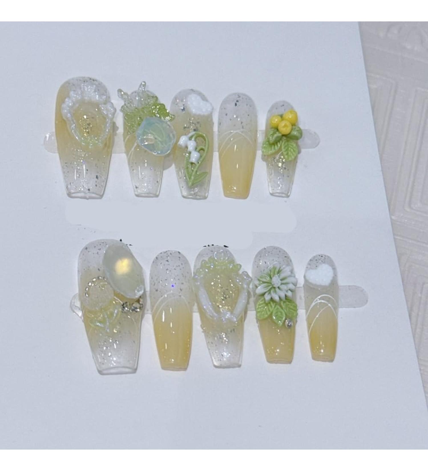 Fresh French Handmade Nail Polish and Artificial Nails with Three Dimensional Flowers(Color:Long Size:S)