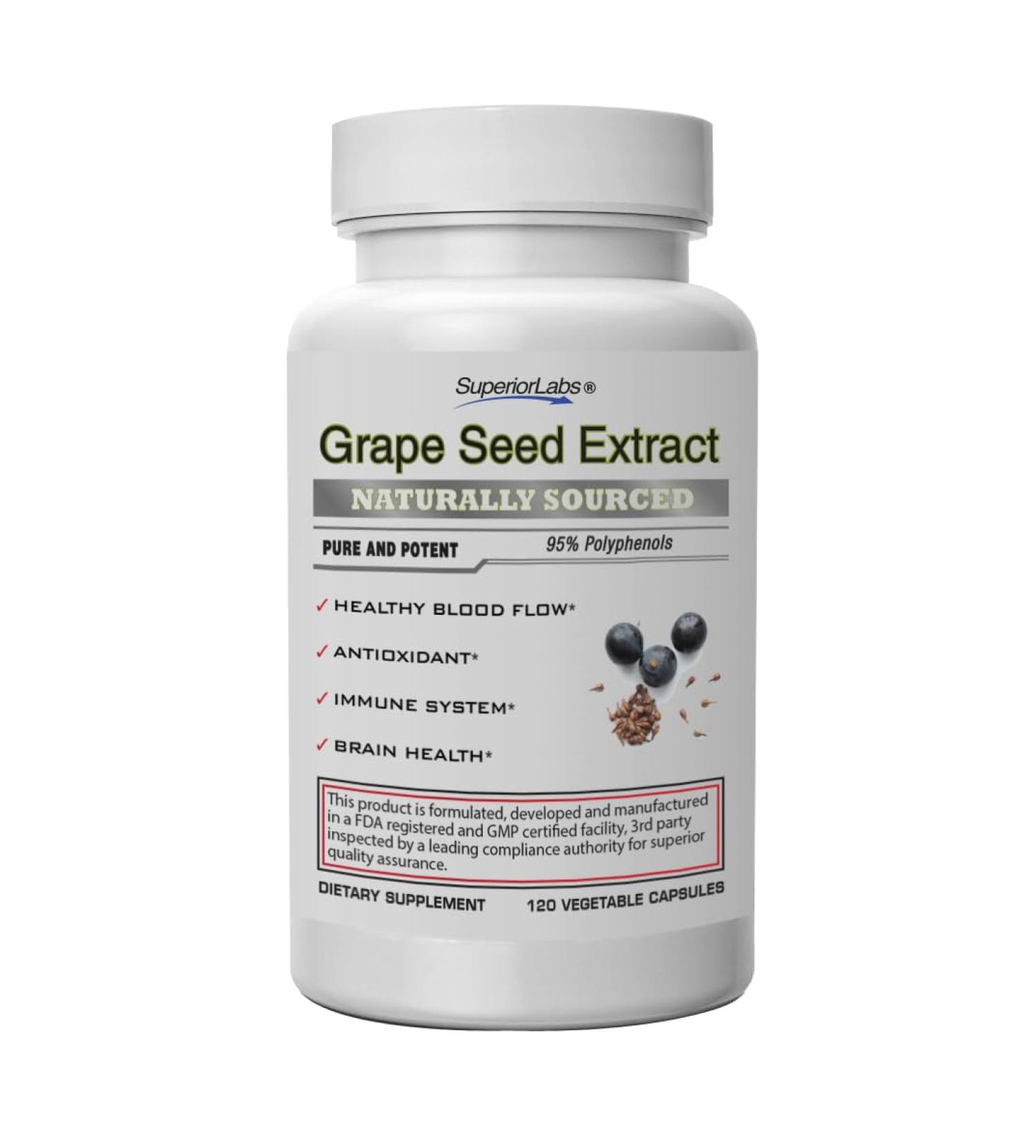Superior Labs Grape Seed Extract 400mg 120 Vegetable Capsules 95% Polyphenols High Antioxidant Content Healthy Blood Flow Supports Immune System and Brain Health - Buy Online on GoSupps.com