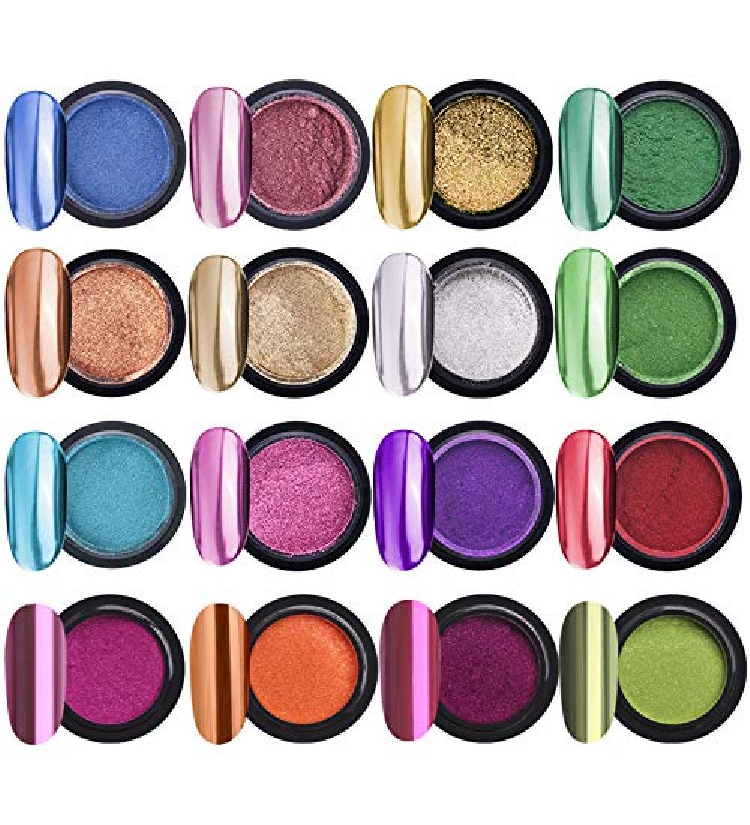 Peowuieu 16 Glasses Chrome Nail Powder Metallic Nail Art Powder Effect Manicure Pigment with 16 Pieces Eyeshadow Sticks - Buy Online on GoSupps.com