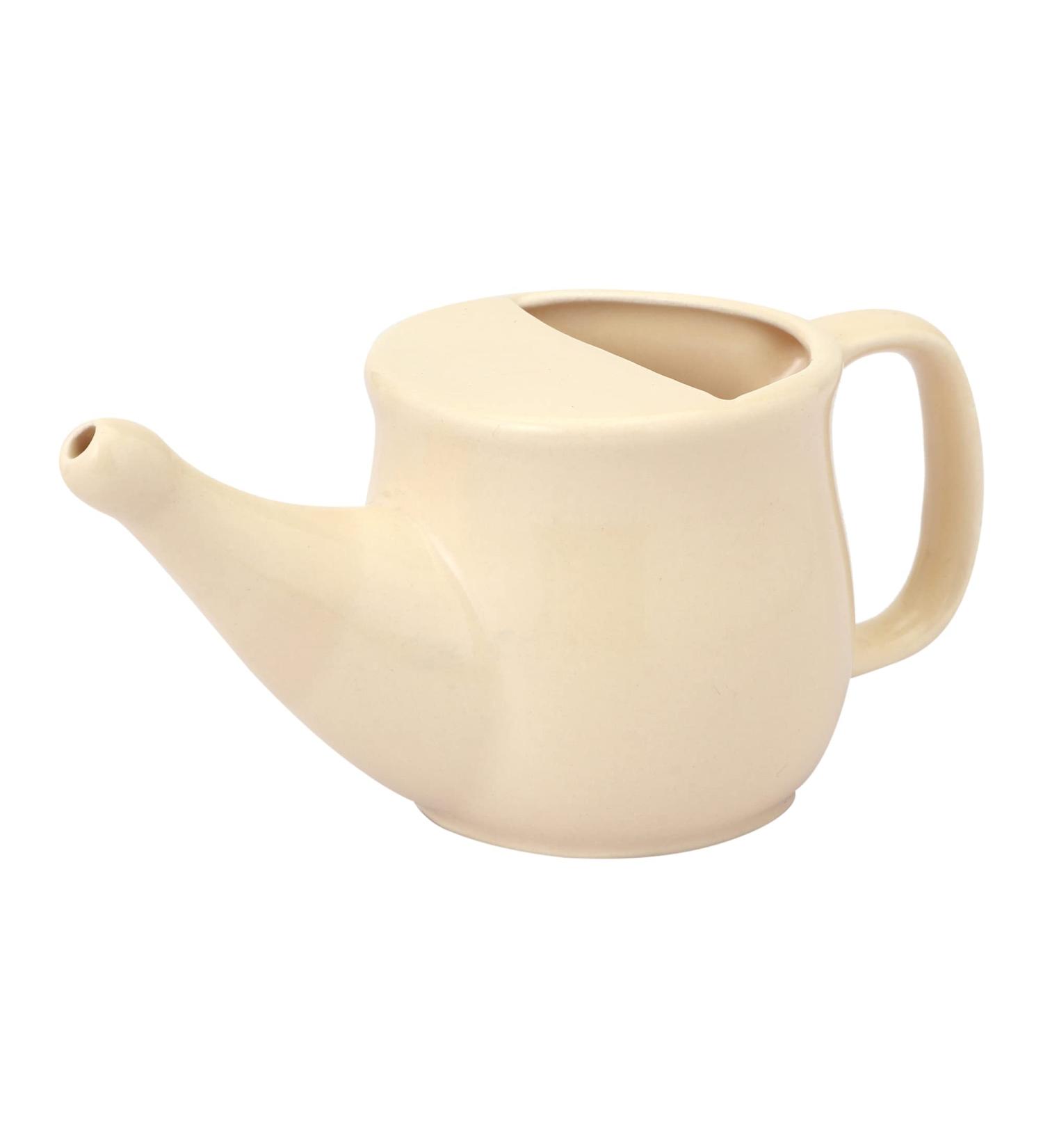 Spill Proof Ceramic Neti Pot Set - Beige, 250 ML - 5 Sachet Neti Salt, Microwave Safe - Buy Online on GoSupps.com