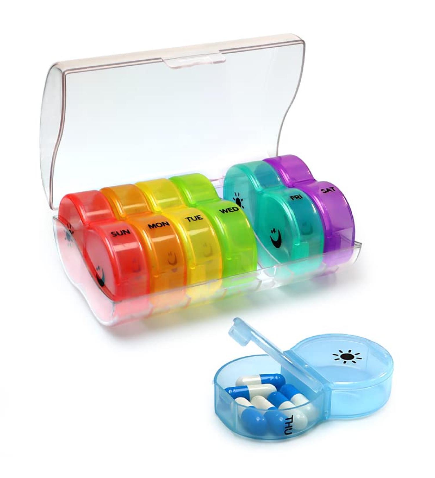 Weekly AM/PM Pill Box - Daily Organizer for Fish Oil Vitamins & Supplements | BPA-Free Dust-Proof | Colorful Rainbow Design - Buy Online on GoSupps.com