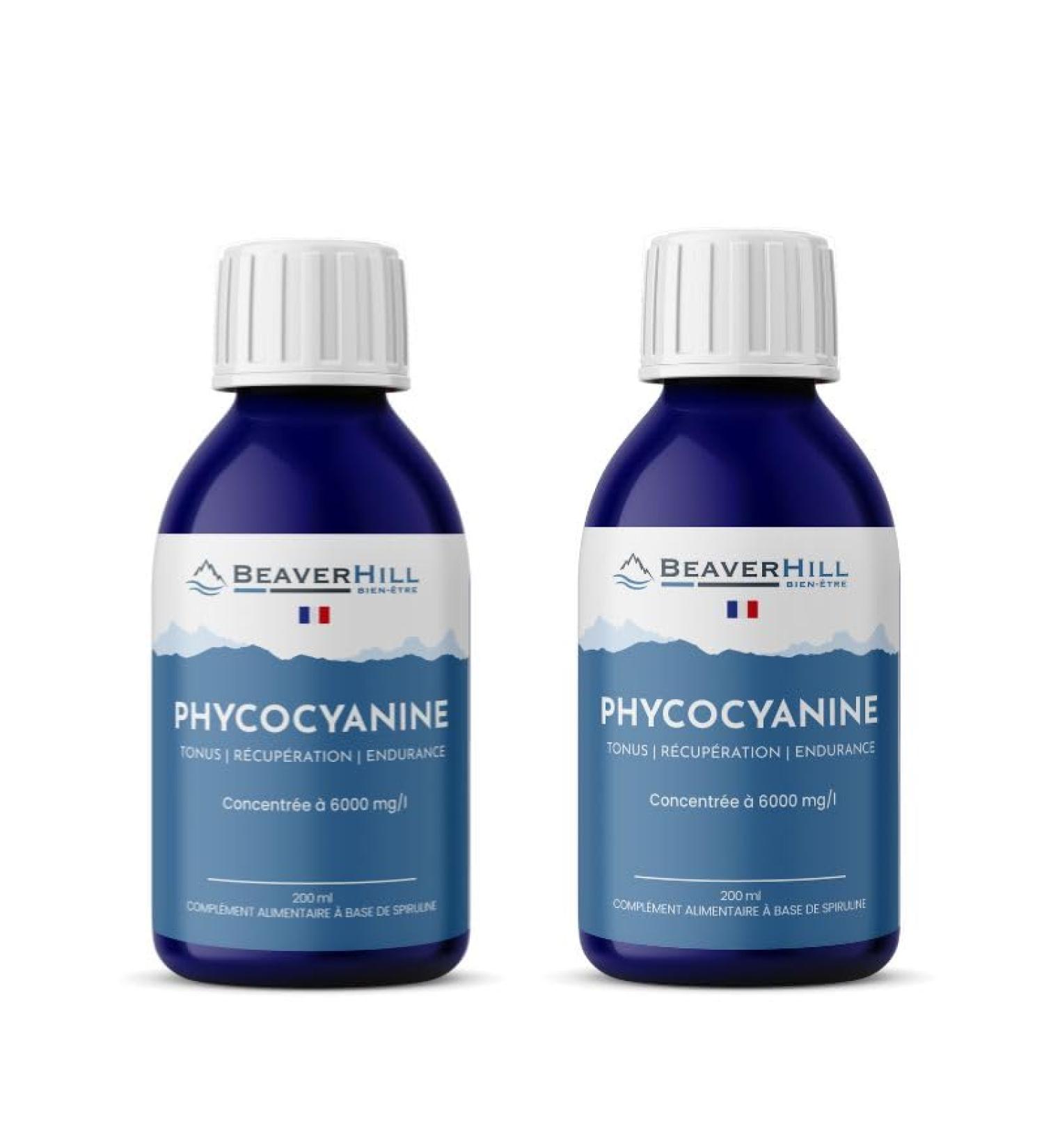 Pack x 2 Phycocyanin 6000mg/l | 2 x 200ml Glass Bottles | BEAVERHILL | Fresh Spirulina | Antioxidant - Vitality - Sports Preparation - Recovery | Made in France