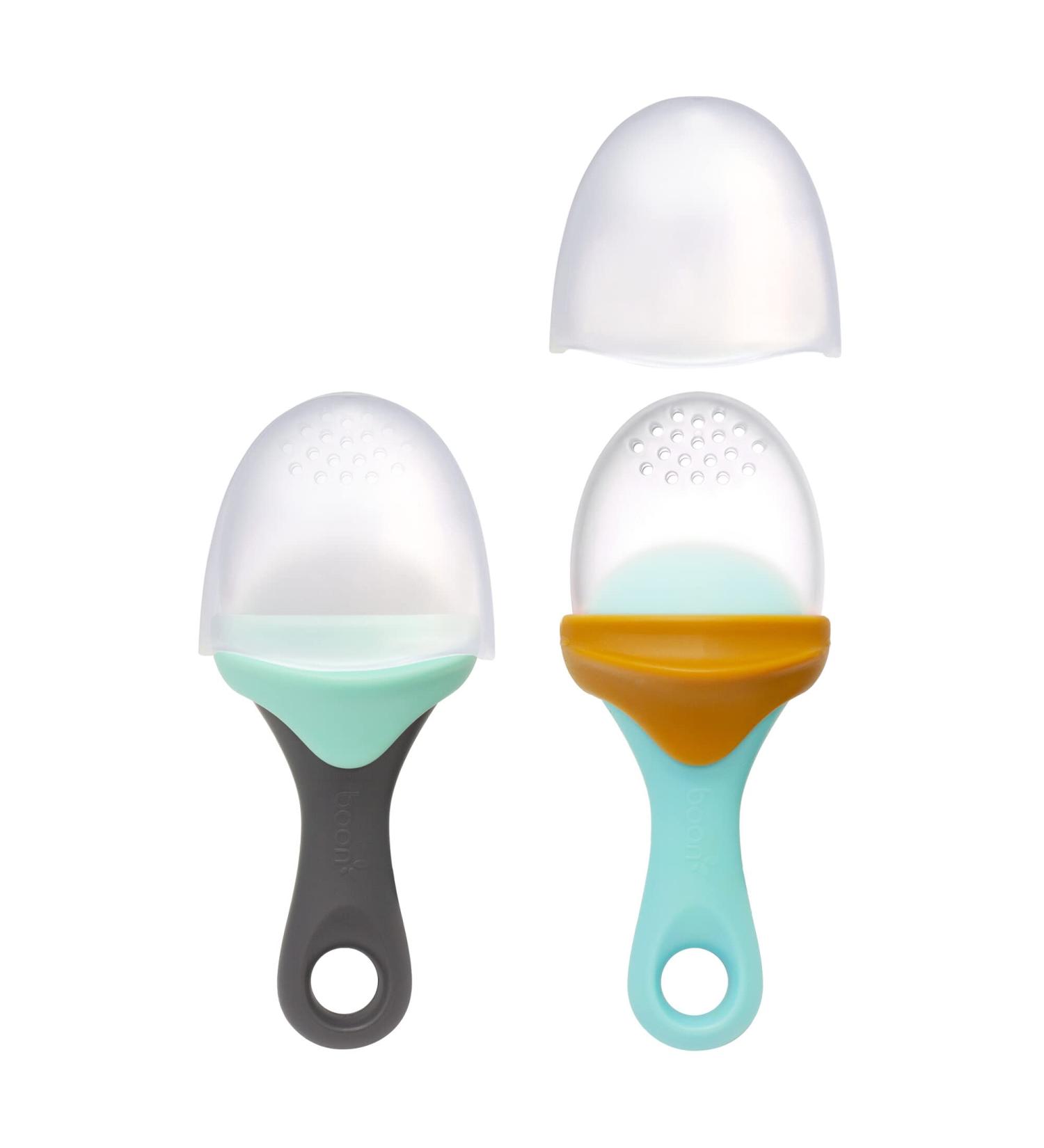 Boon PULP Silicone Baby Feeders 2 Pack Blue/Mustard & Gray/Mint | Soft Fruit & Vegetable Teether | Teething Essentials - Buy Online on GoSupps.com