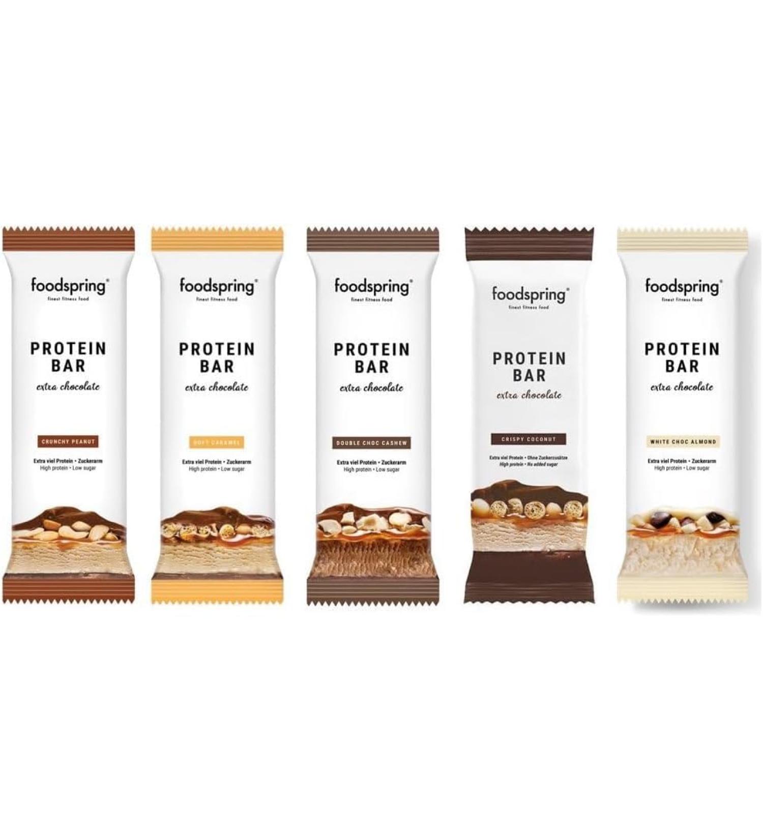 foodspring - Extra Chocolate Protein Bars Variety Pack - 15 x 45g Assorted Protein Bars - Low Sugar - Buy Online on GoSupps.com