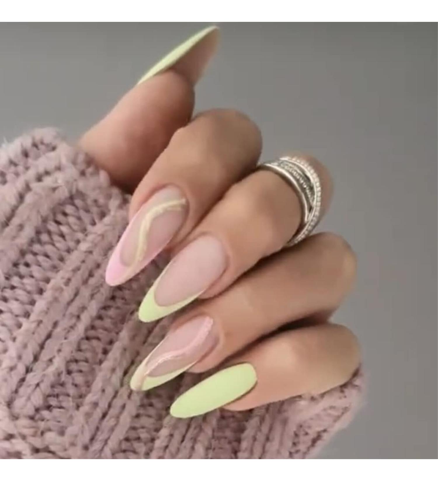 Sethexy Short Almond False Nails - Green French Matte Press-On Acrylic Nails (24 pcs) for Women & Girls - Buy Online on GoSupps.com
