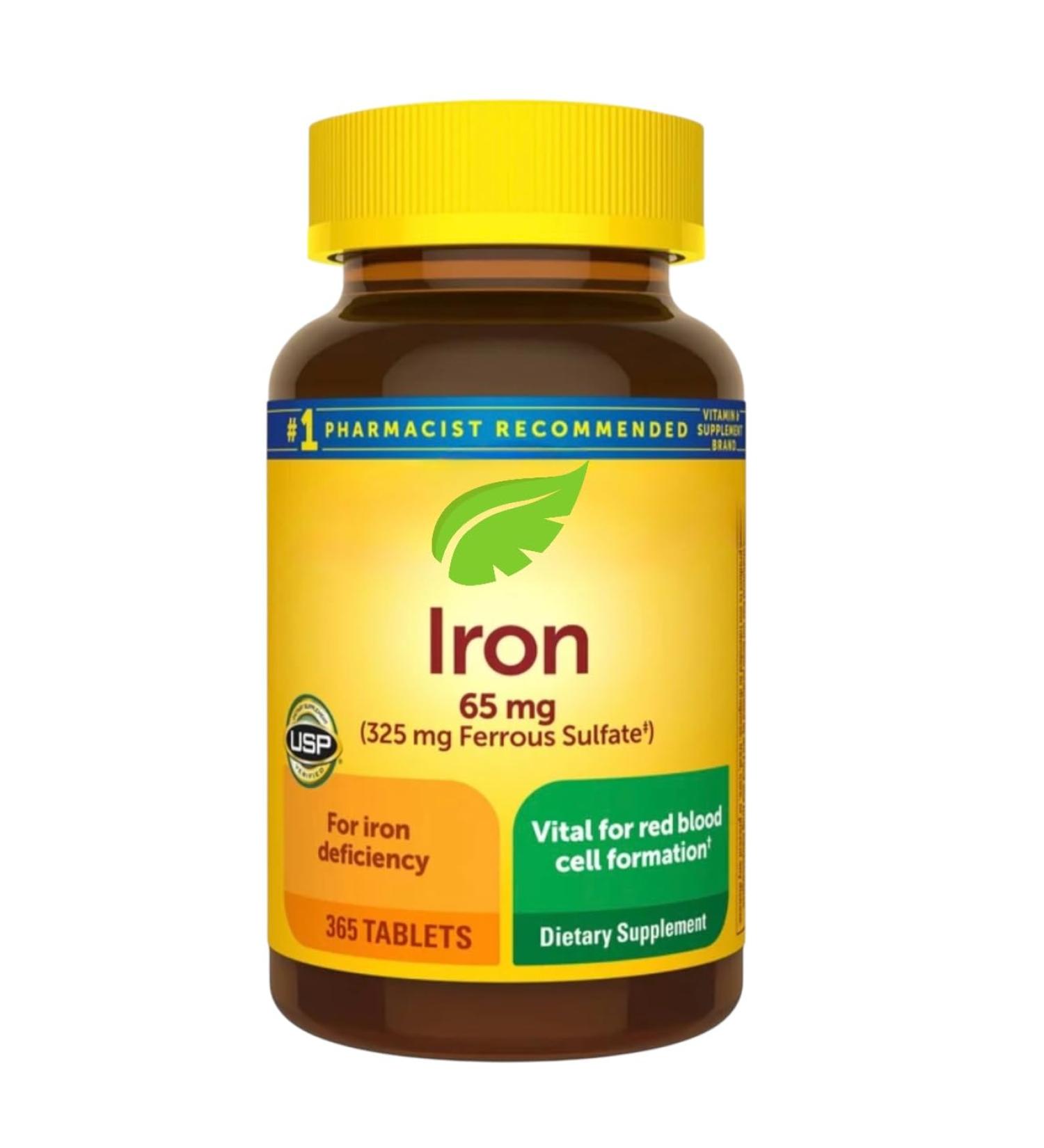 Nature Iron's Supplement 65mg Ferrous Sulfate 365 Tablets Gluten Free No Synthetic Dyes Vital for Red Blood Cell Formation