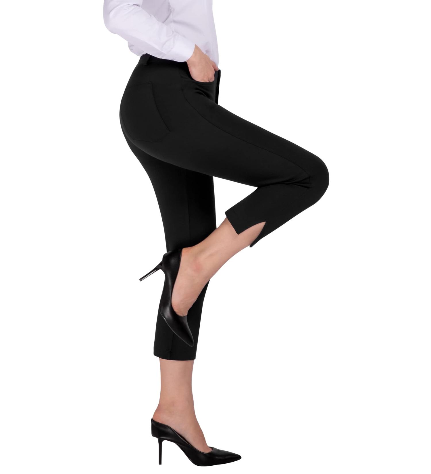 Puweer Women's Black Capri Pants - Business Casual Stretchy Slim Straight Fit with Pockets - Buy Online on GoSupps.com