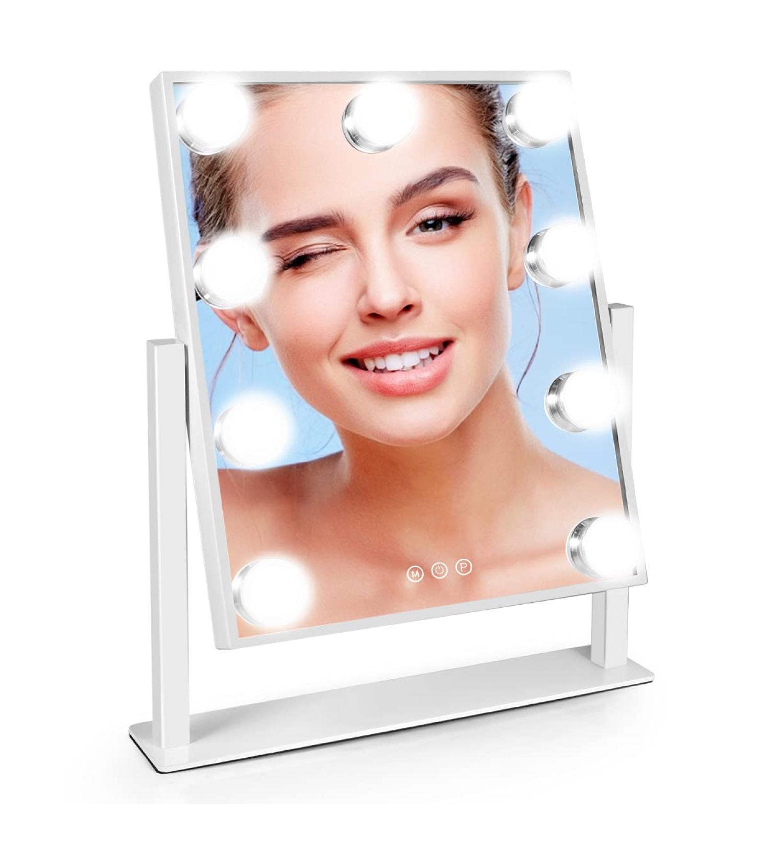 Hollywood Lighted Vanity Mirror with 9 Dimmable LED Bulbs - Slim Metal Frame Design, 10X Magnification, Plug-in Adapter - Makeup Desk/Wall-Mounted - Buy Online on GoSupps.com