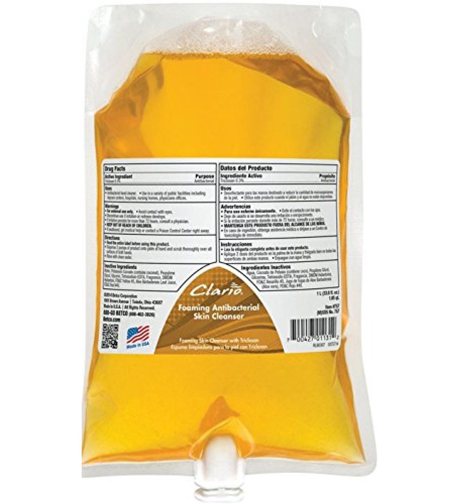 Betco 7512900 Clario Foaming Anti-Bacterial Skin Cleanser 1 Liter Yellow (Pack of 6)