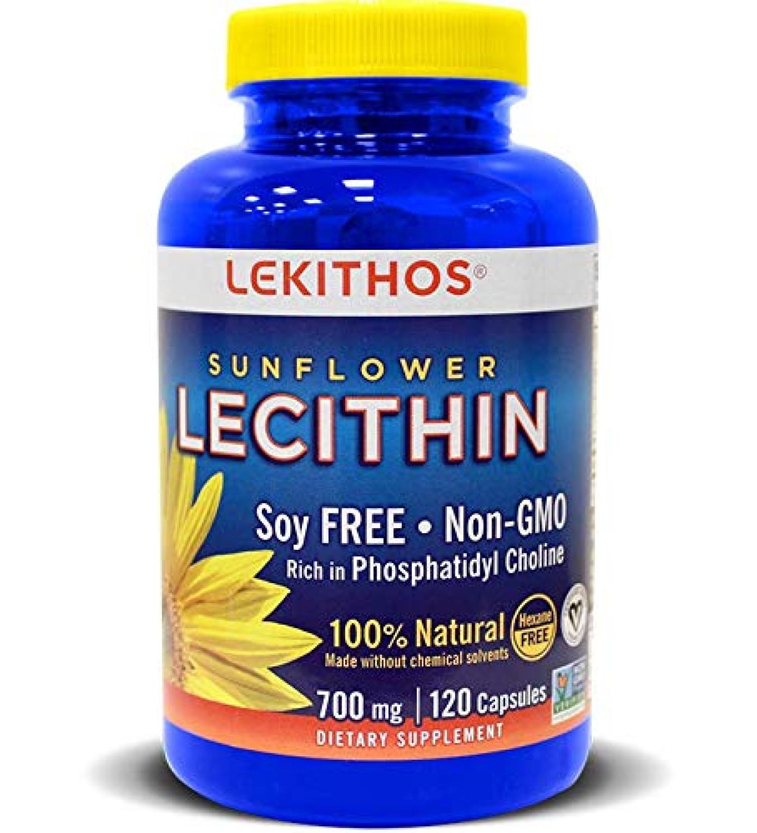 Lekithos 100% All-Natural Sunflower Lecithin Capsules - 120 Count - Non-GMO - Vegan - High Phosphatidyl Choline - Cold Pressed - Buy Online on GoSupps.com