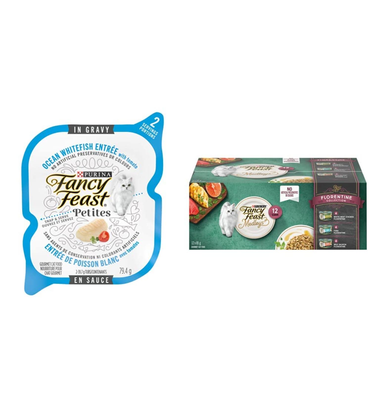 Fancy Feast Petites Wet Cat Food Ocean Whitefish Entr e with Tomato in Gravy - 79.4g Tray (12 Pack) & Wet Cat Food Elegant Medleys Florentine Variety Pack 85 G Cans (12 Pack) - Buy Online on GoSupps.com