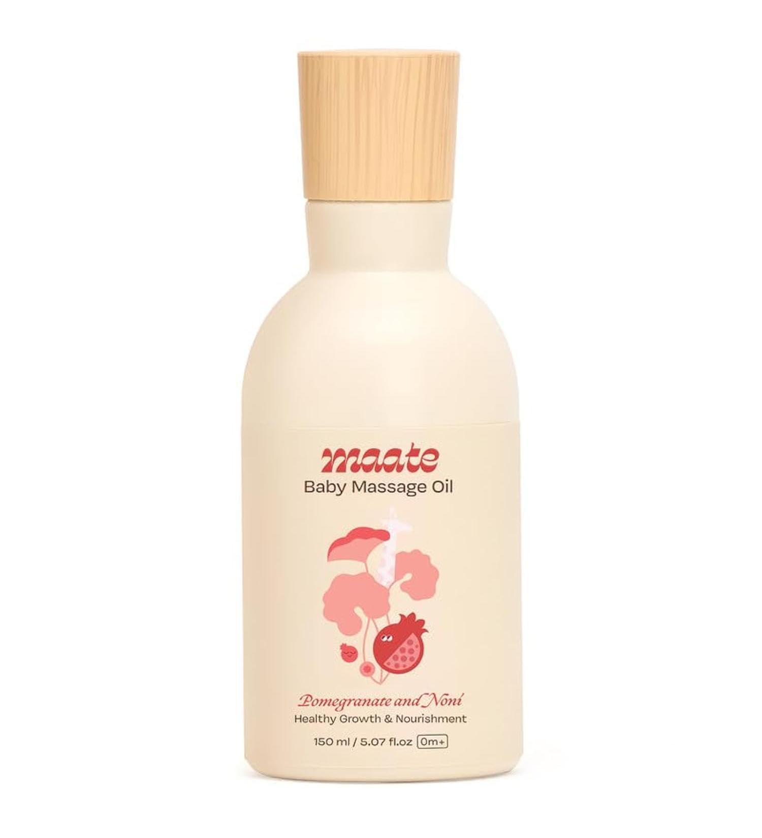 MAATE Baby Massage Oil | 100% Natural & Vegan | Enhances Bone Mineralization & Muscle Strength | Brahmi Noni & Pomegranate | No Mineral Oil | 150 ml - Buy Online on GoSupps.com