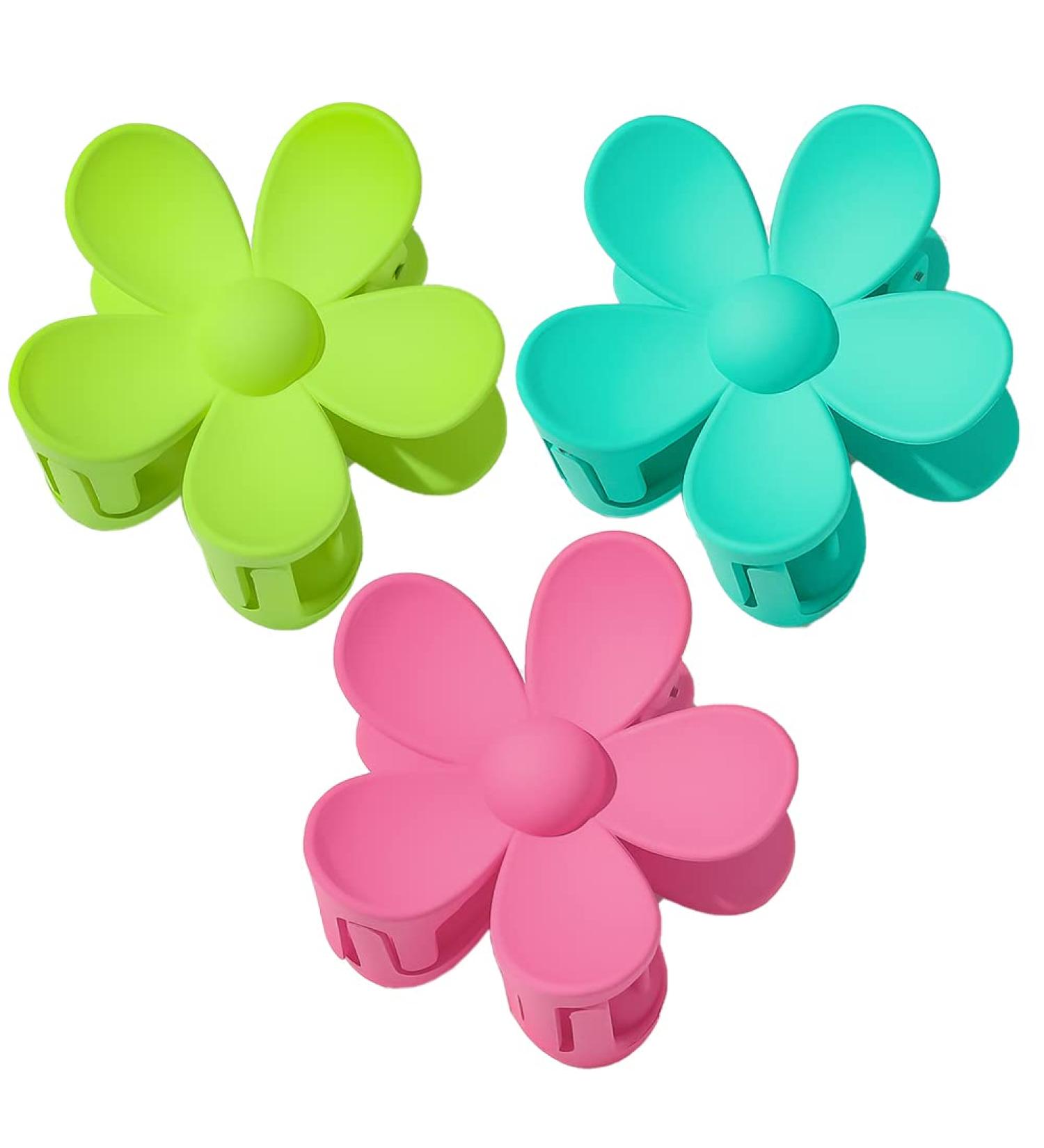 3Pcs Large Flower Hair Claw Clips Set - Floral Matte Barrettes for Women Medium Thick Hair, Holiday Cute Jaw Clip in Lake Blue, Rose Red, Grass Green - Buy Online on GoSupps.com