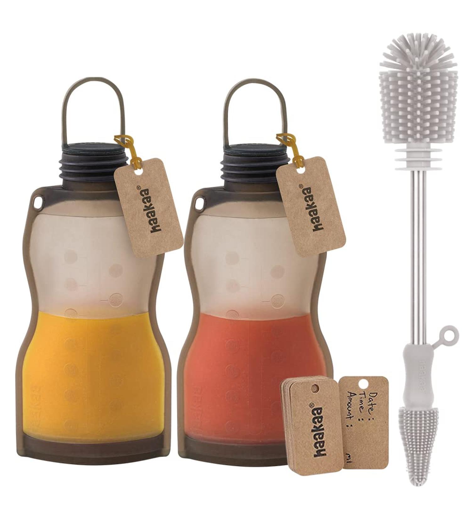 Haakaa Silicone Breast Milk Storage Bags Set with Cleaning Brush - SUVA Grey 9oz/260ml (2pcs) - Buy Online on GoSupps.com