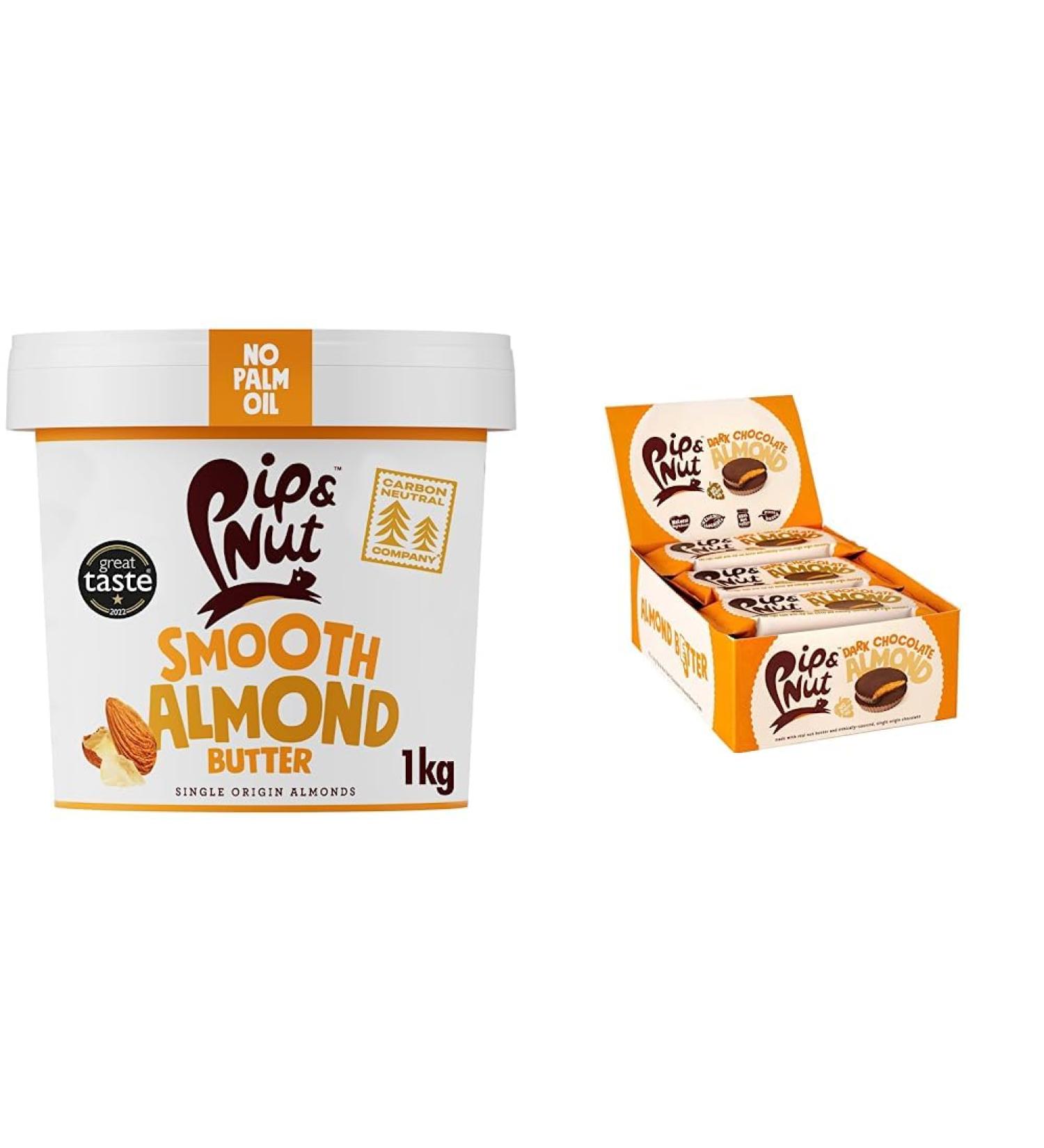 Pip & Nut 1kg Smooth Almond Butter & 15 Packs of 2 Dark Chocolate Almond Butter Cups | Natural Nut Butter No Palm Oil No Added Sugar Hi-Oleic Almonds - Buy Online on GoSupps.com