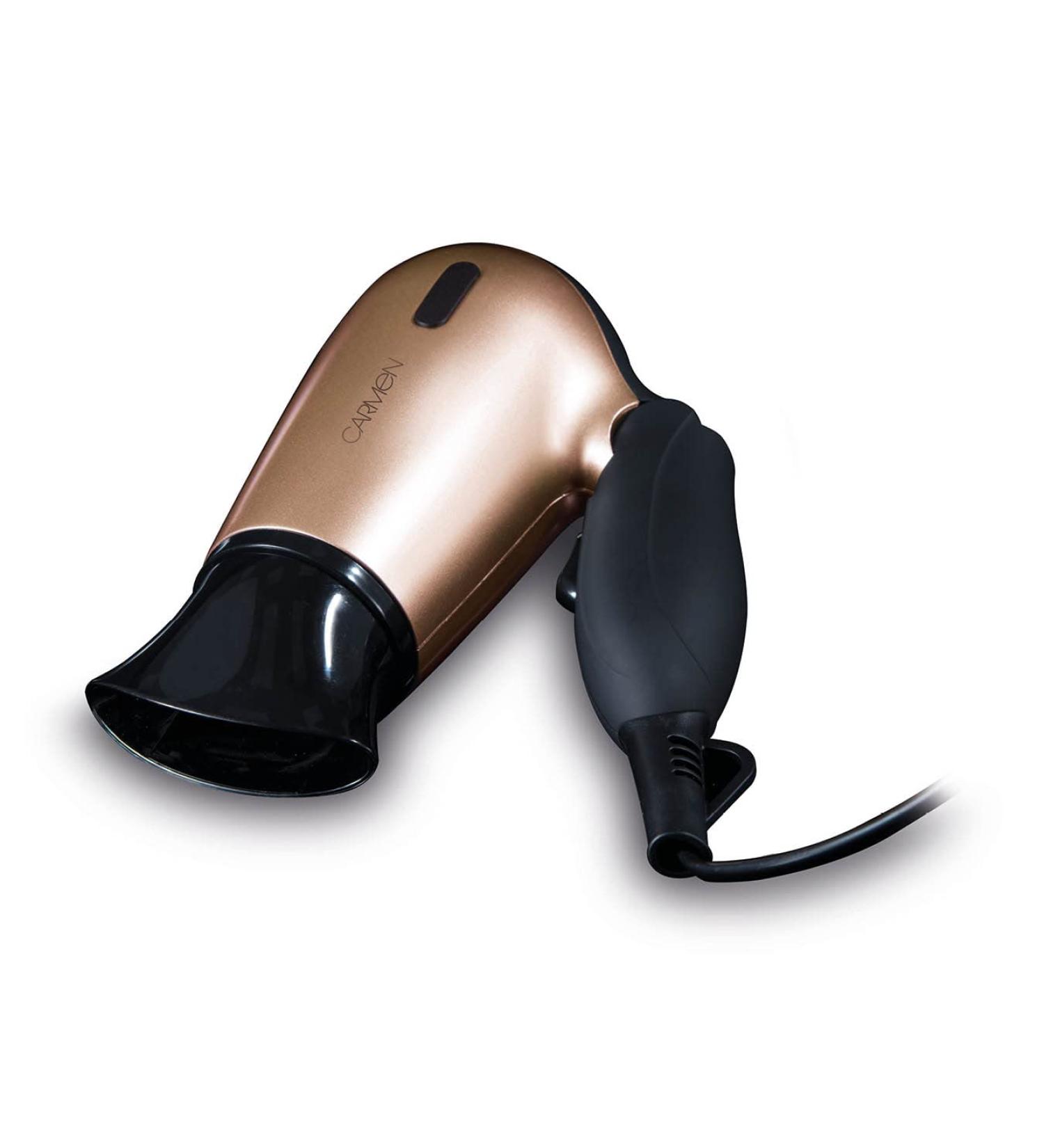 Carmen C80020 Noir Travel Hair Dryer - 1200W Black/Rose Gold with Concentrator Nozzle & Travel Bag - Buy Online on GoSupps.com