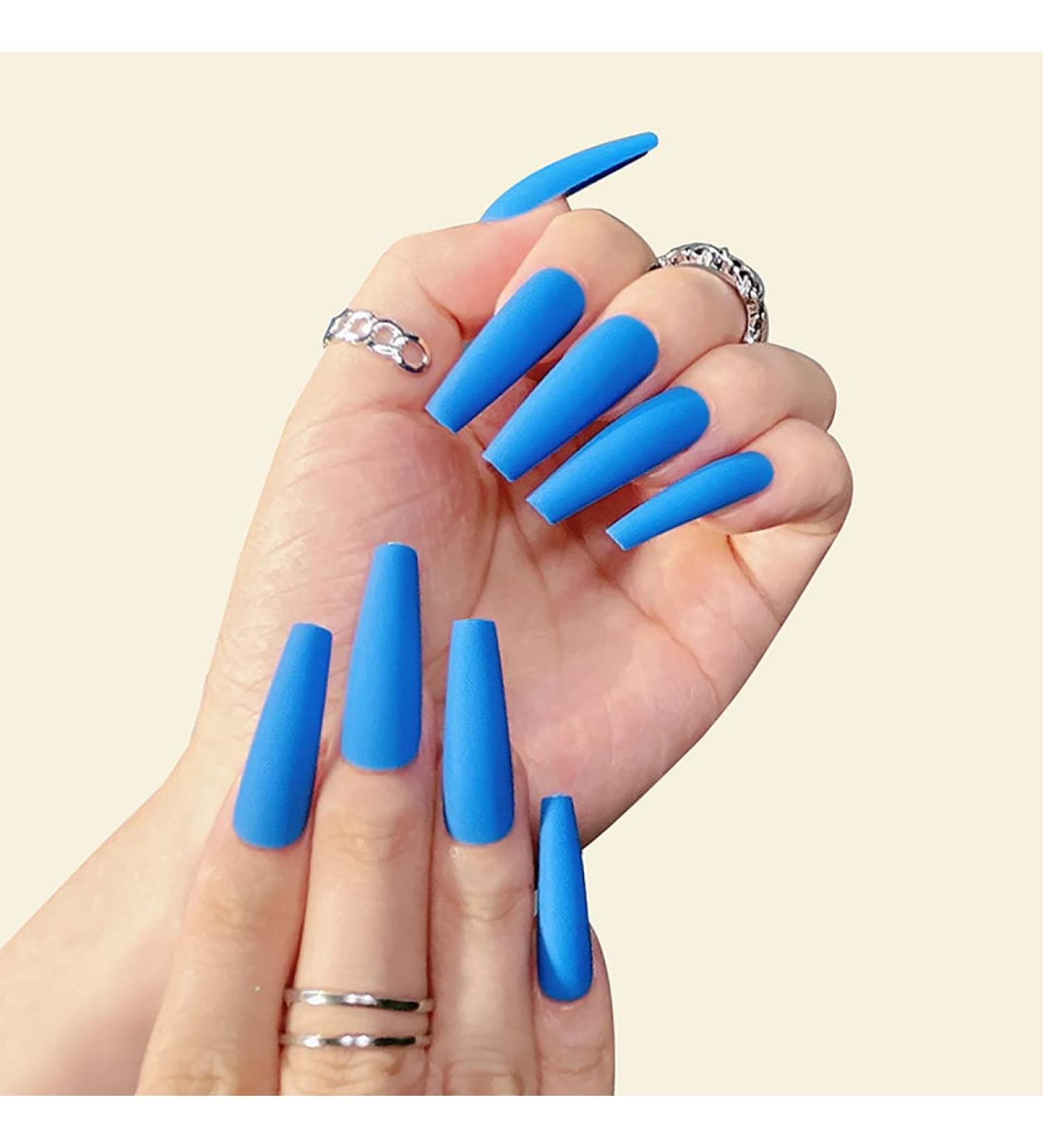 Prosy Artificial Fingernails - Long Blue Coffin Ballerina Acrylic Nails Glossy & Matte Finish Complete Coverage for Women & Girls - 24 Pieces - Buy Online on GoSupps.com