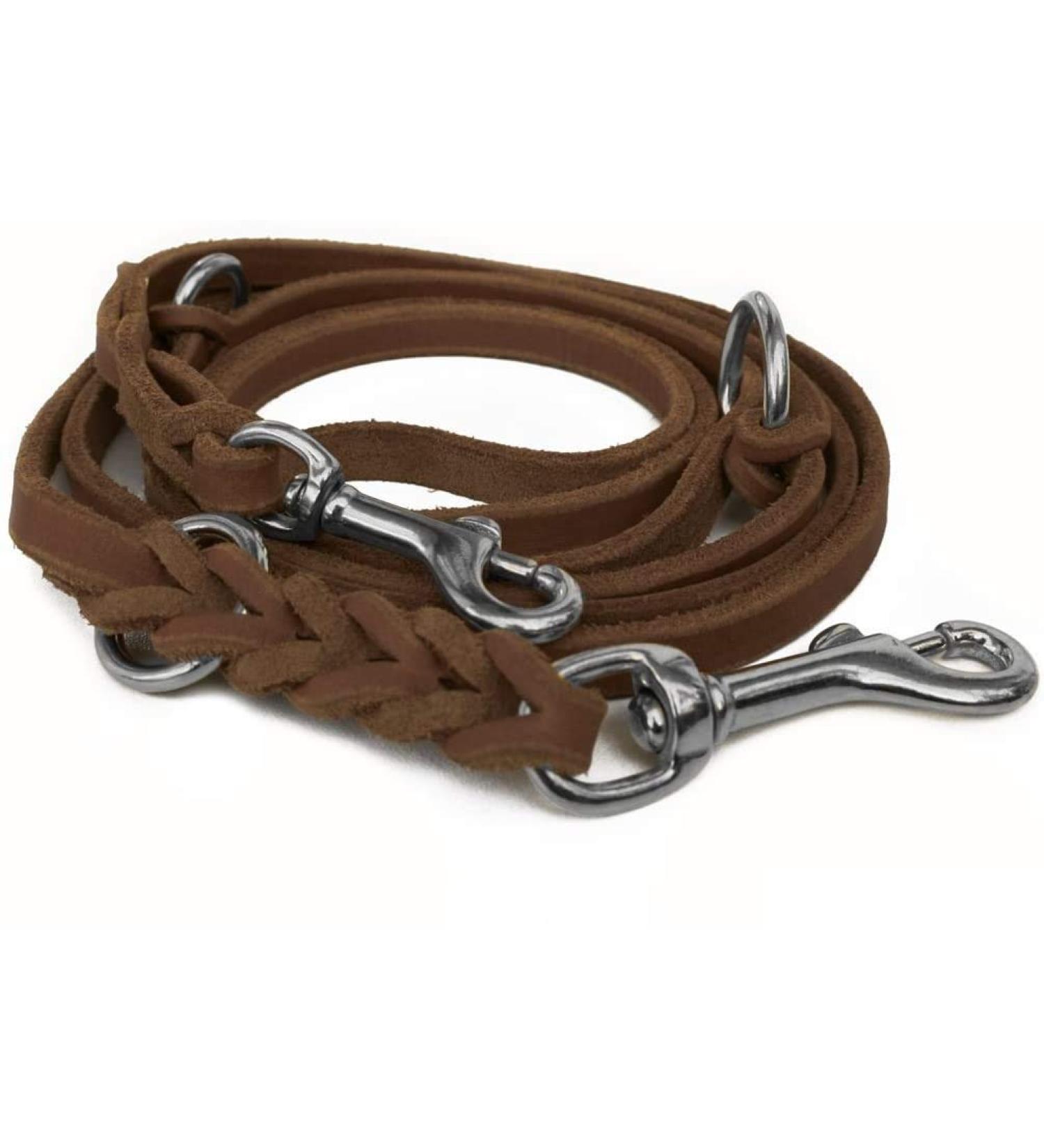 Fat leather Gleine 3-way adjustable leather line braided for dogs 96 models to choose from (2.40m x 10mm brown chrome hook) 2.40m x 10mm brown chrome hook