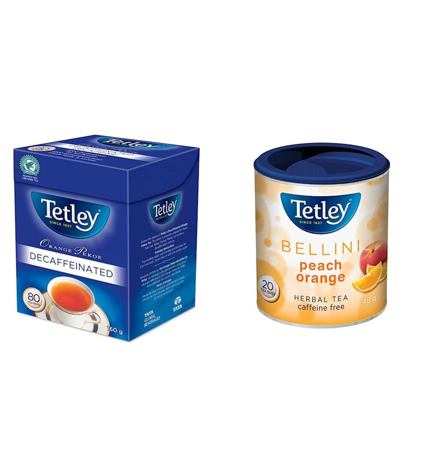 Tetley's Rich Full - Flavoured Decaffeinated Orange Pekoe (Black) Tea - 80 teabags per box 160 grams & Bellini Peach Orange Herbal Tea Caffeine Free 20 Round Tea Bags Tea 80 teabags + 20 Round Tea Bags - Buy Online on GoSupps.com