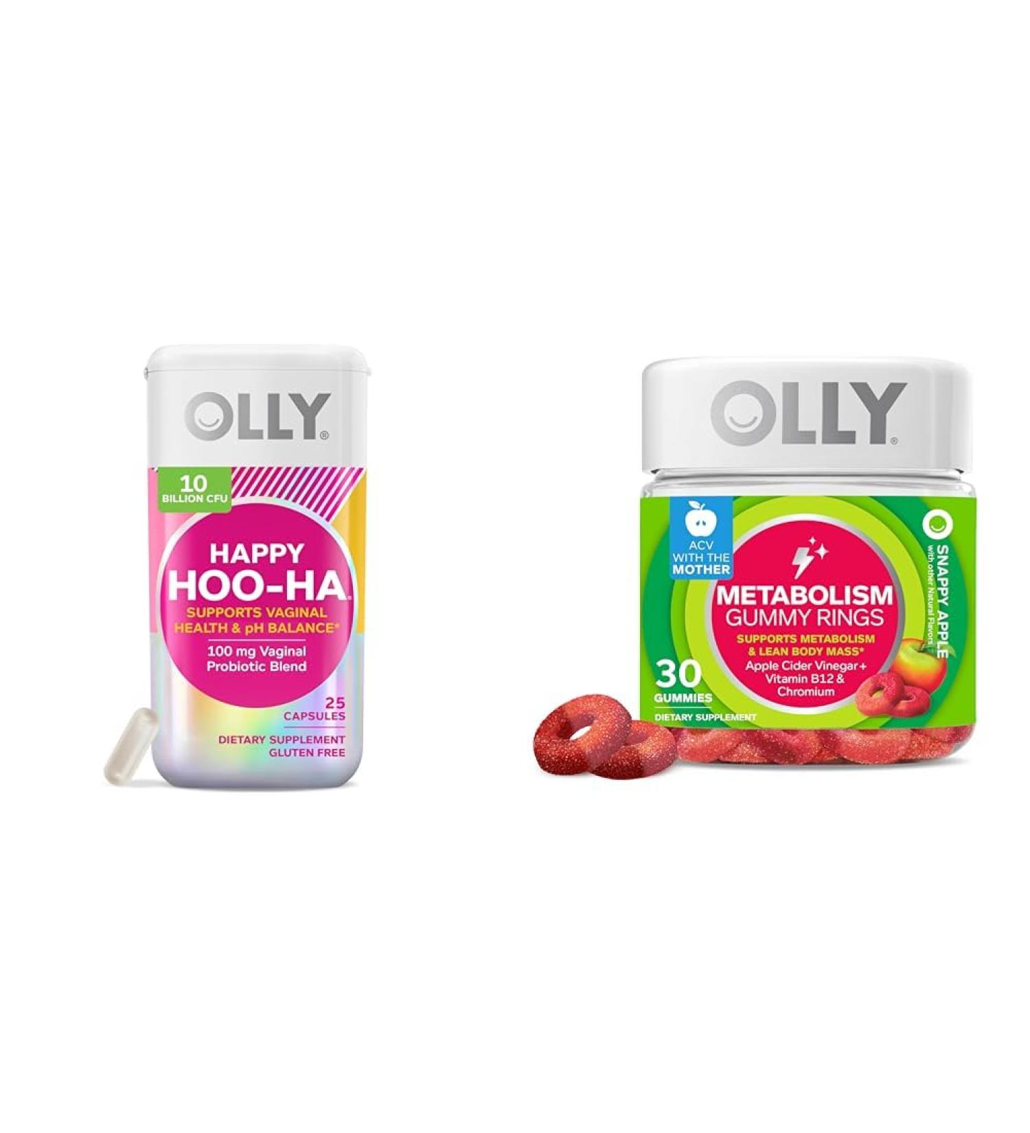 OLLY Happy Hoo-Ha Probiotic for Women Vaginal Health Capsules 25 Count & Metabolism Gummy Rings for Energy 30 Count - Buy Online on GoSupps.com