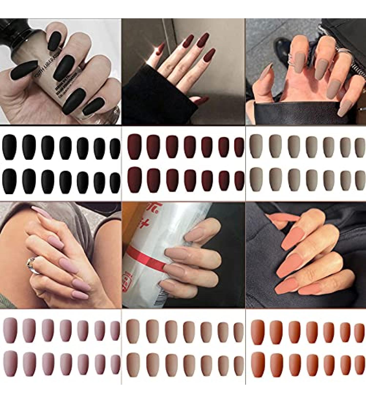 6 Packs Matte Coffin Press on Nails Set - 144 Pcs Medium Length Acrylic False Nails with Adhesive Tabs & Nail File - Solid Color Artificial Nails for Women - Buy Online on GoSupps.com