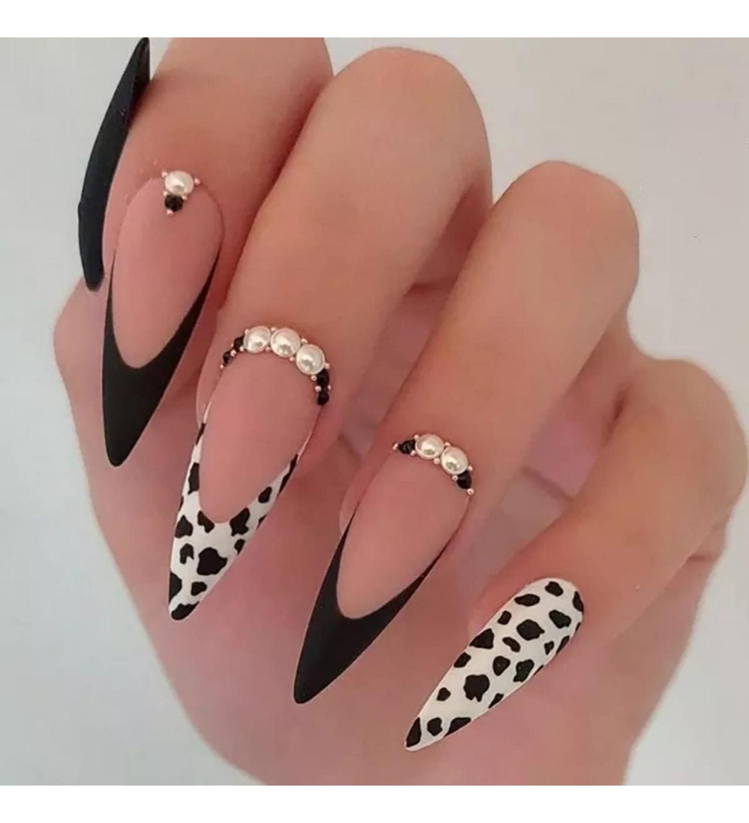 Justotry 24 Pcs Cow Print Stiletto Fake Nails - Matte Black French Press On Nails for Women - Buy Online on GoSupps.com