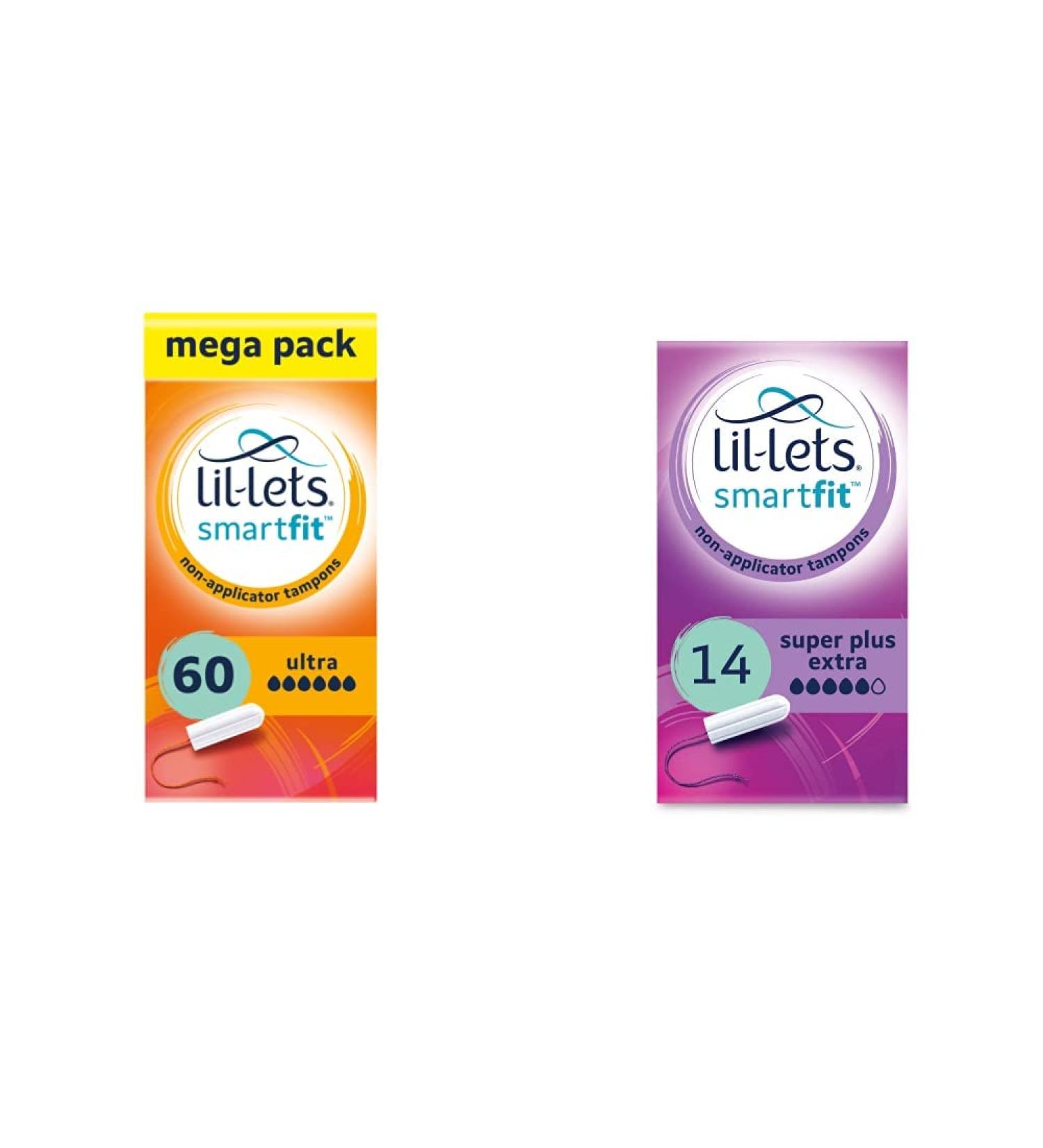 Lil-Lets Non-Applicator Ultra Tampons X 60 | 6 Packs of 10 | Extremely Heavy Flow & Non-Applicator Super Plus Extra Tampons 1 Pack of 14 Very Heavy Flow + Super Plus Extra Tampons 1 Pack of 14 - Buy Online on GoSupps.com