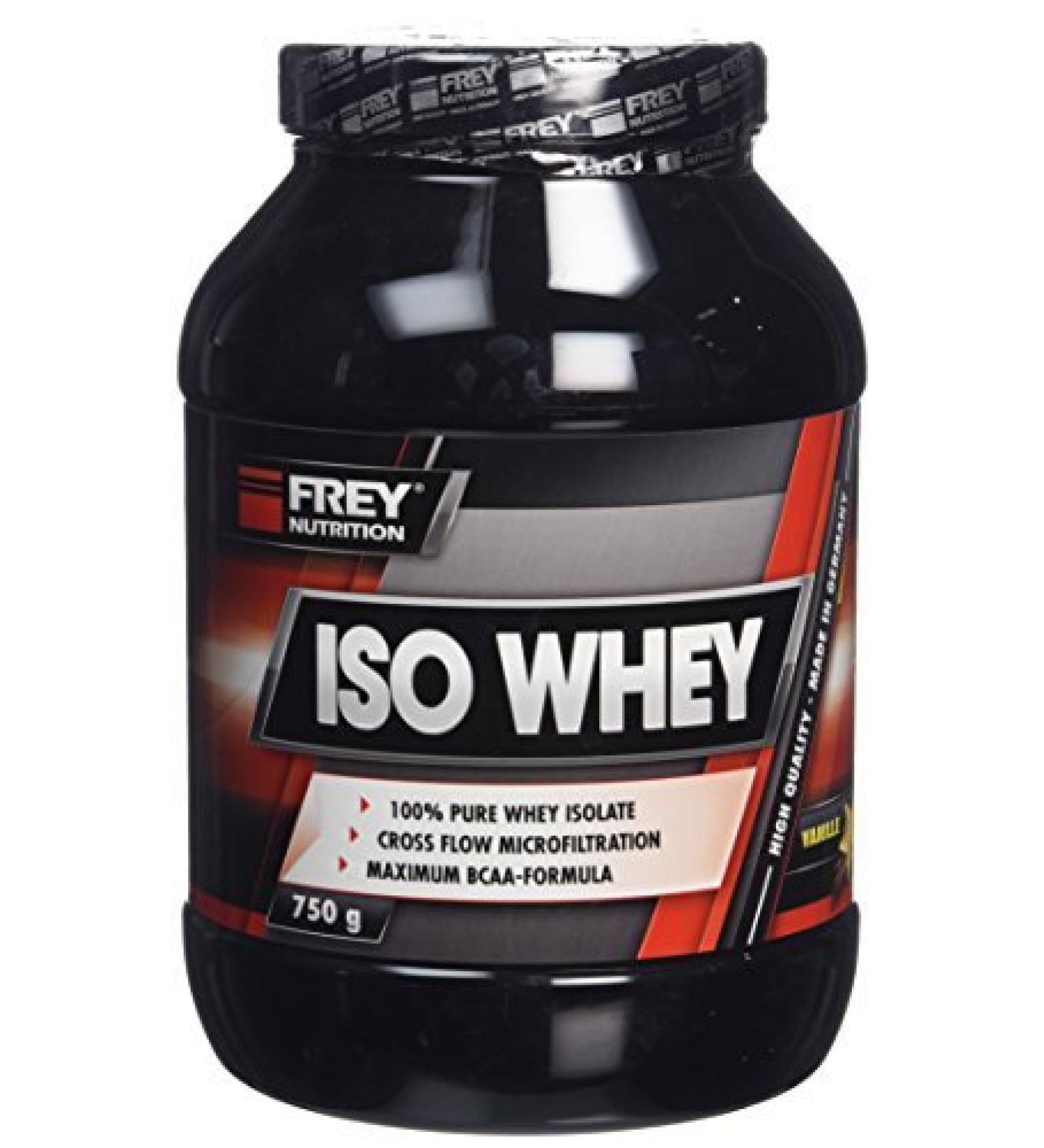 Frey Nutrition ISO Whey (vanilla 750 g) contributes to muscle gain and muscle maintenance sodium arm lactose and sugar-free over 25% BCAA content made in Germany