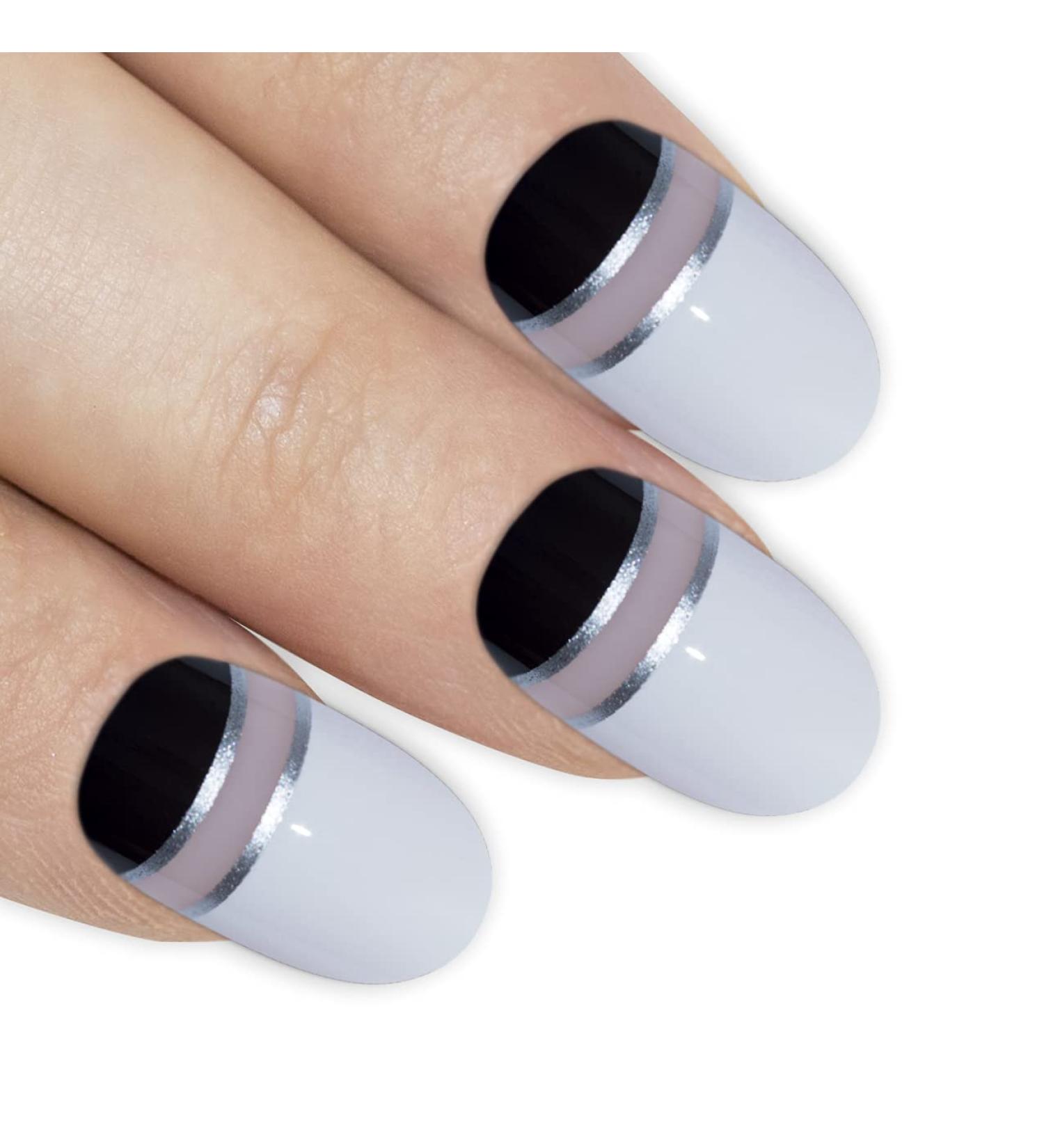 Bling Art Oval False Nails Gel Glossy Glitter French Manicure Fake Medium Tips with Glue (Black White Glossy) - Buy Online on GoSupps.com