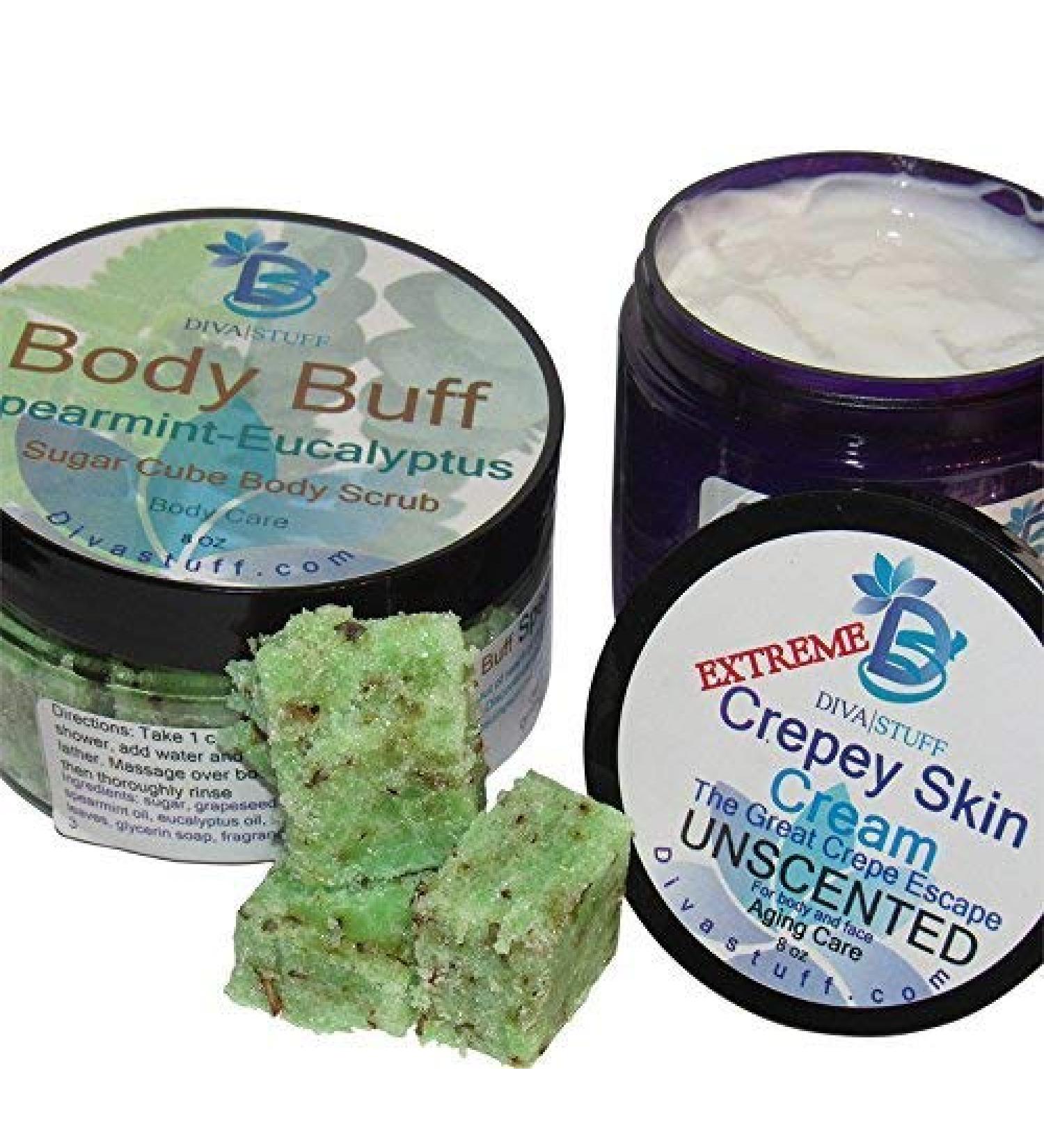 Extreme Crepey Skin Body & Face Cream(unscented) & Exfoliating Sugar Scrub (spearmint eucalyptus) Set With Hyaluronic Acid Alpha Hydroxy and More