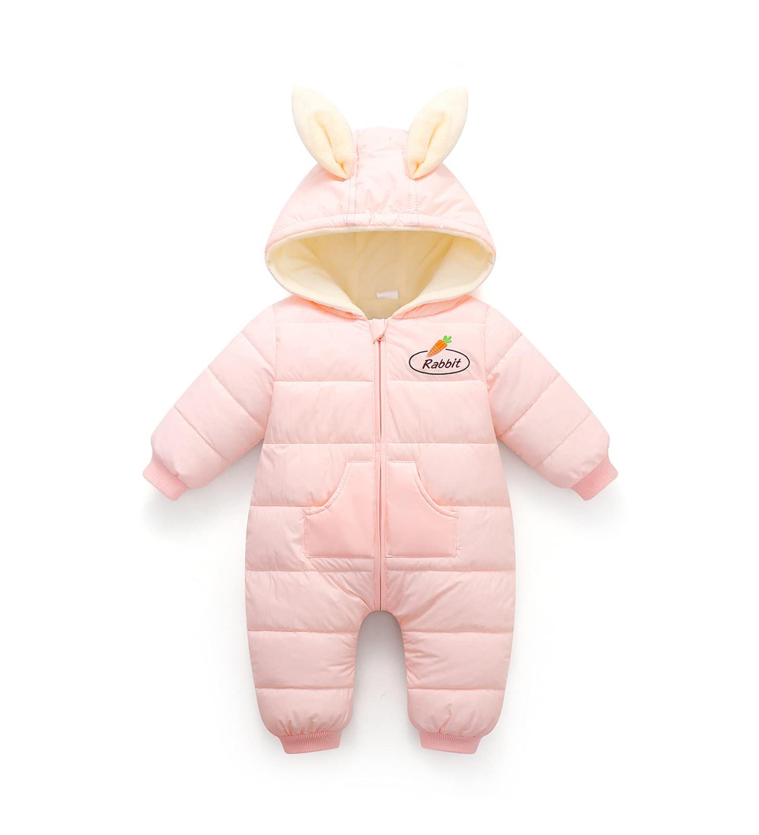 Minizone Baby Snowsuit Winter Romper | Hooded Cotton Jumpsuit for Boys and Girls | Warm Long Sleeve Outfit | Cartoon Rabbit Design | 12-18 Months | Pink - Buy Online on GoSupps.com