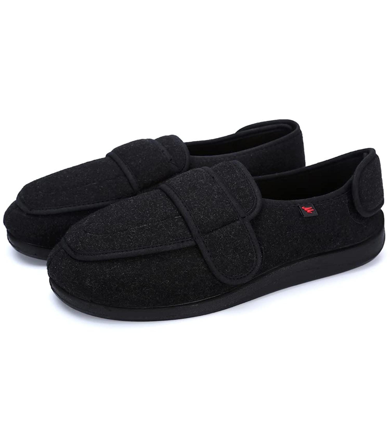 ZJING Wide Diabetic Wool Men's Slippers with Adjustable Velcro - Indoor/Outdoor Comfort for Arthritis, Edema, Puffy Feet - Size 11, Black - Buy Online on GoSupps.com