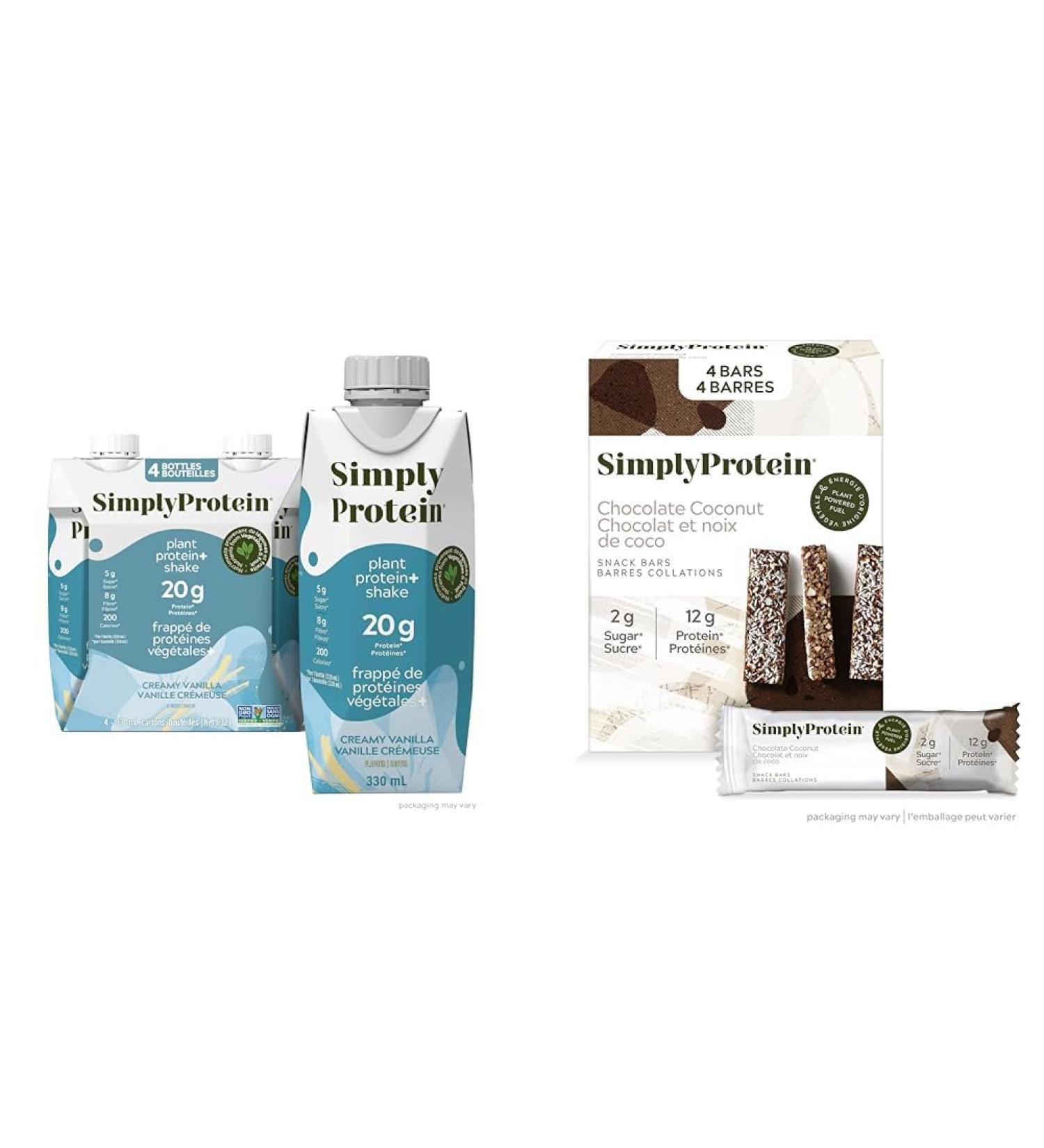 Simply Protein Ready-To-Drink Vanilla Plant Protein Shake 330mL Bottle Pack of 4 High Protein & Chocolate Coconut Protein Bars Gluten Free Vegan High Protein Snacks 4 Count - Buy Online on GoSupps.com